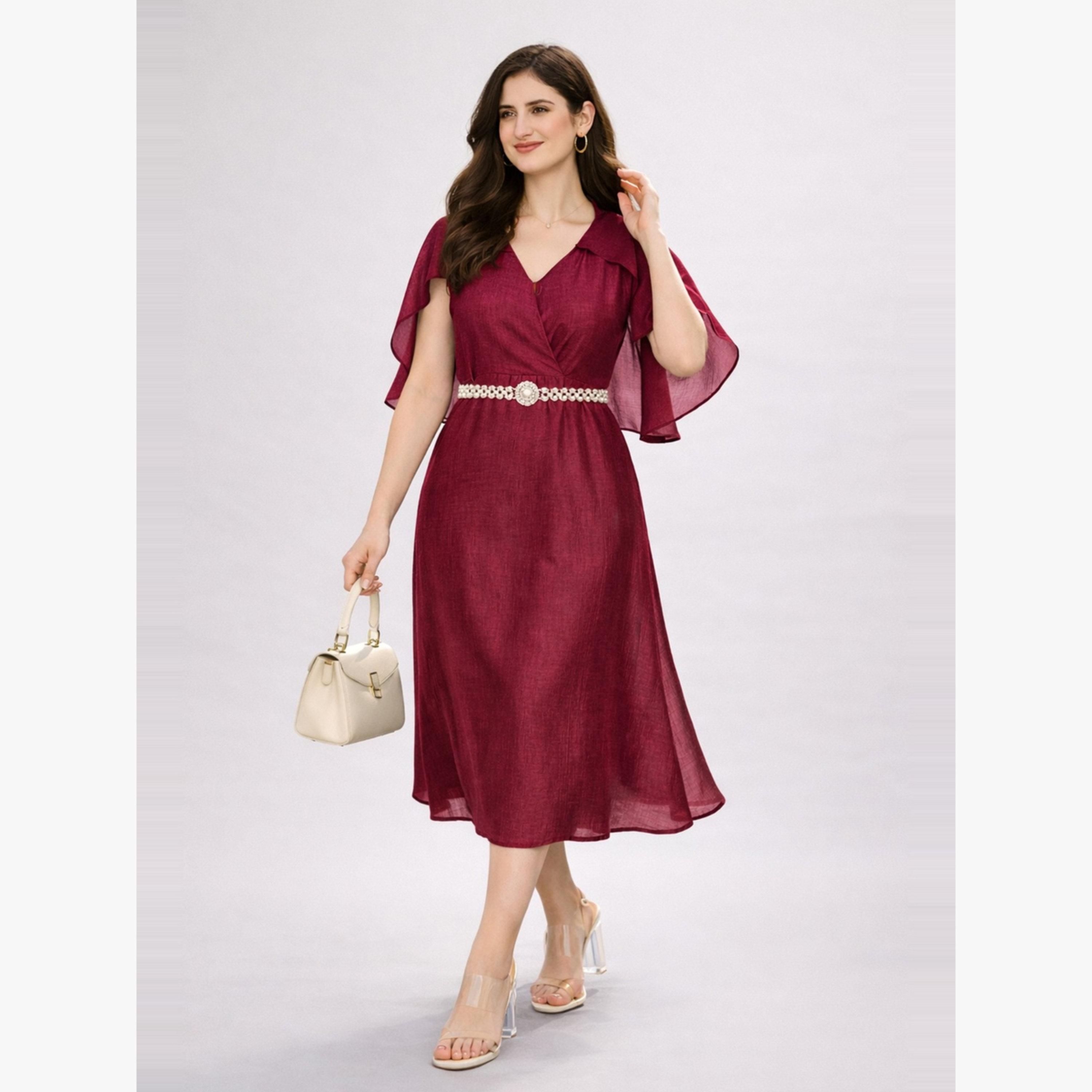 فستان ميدي بأكمام كيب مع حزام مزين بلؤلؤ صناعي-women-clothing-dresses-image-1