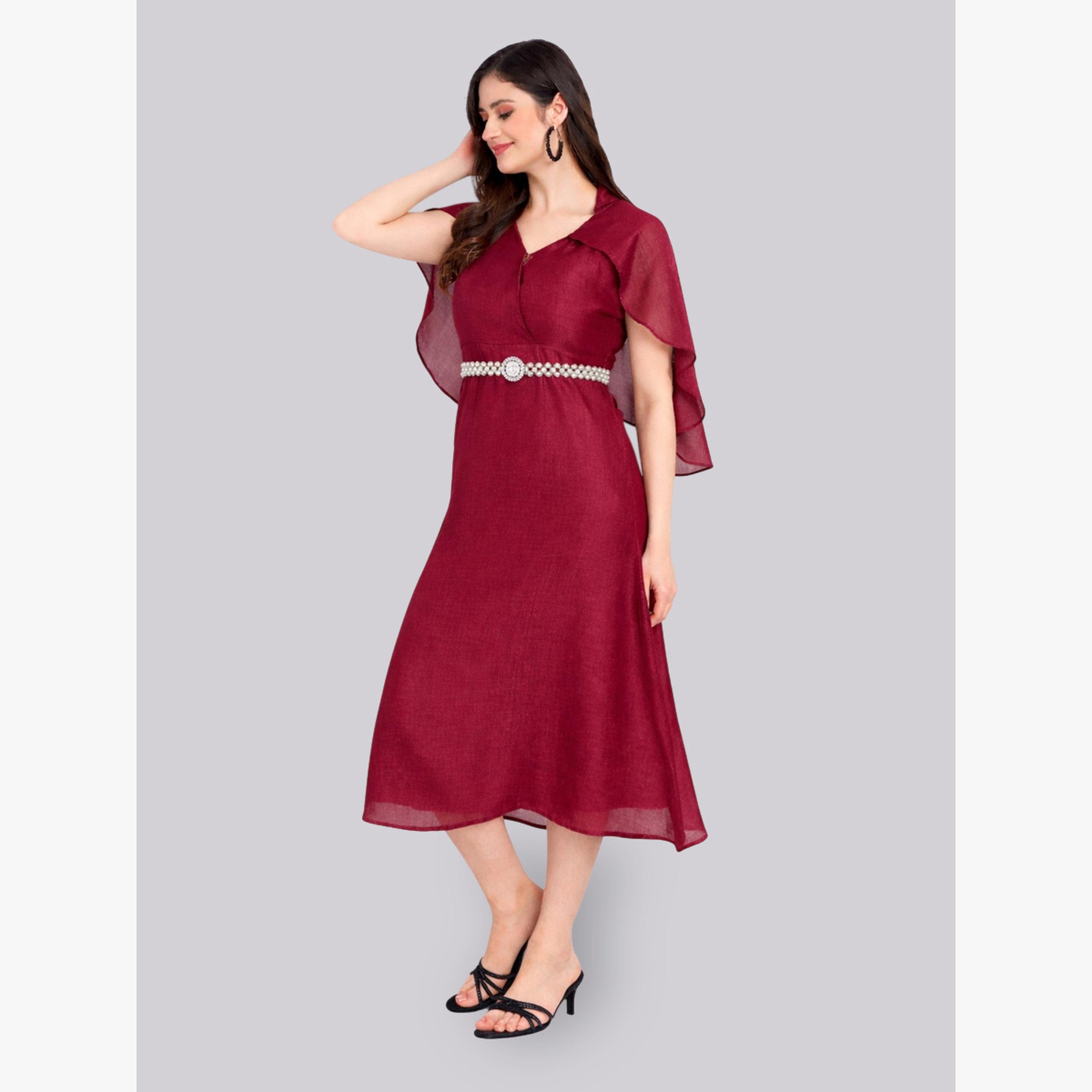 فستان ميدي بأكمام كيب مع حزام مزين بلؤلؤ صناعي-women-clothing-dresses-image-3