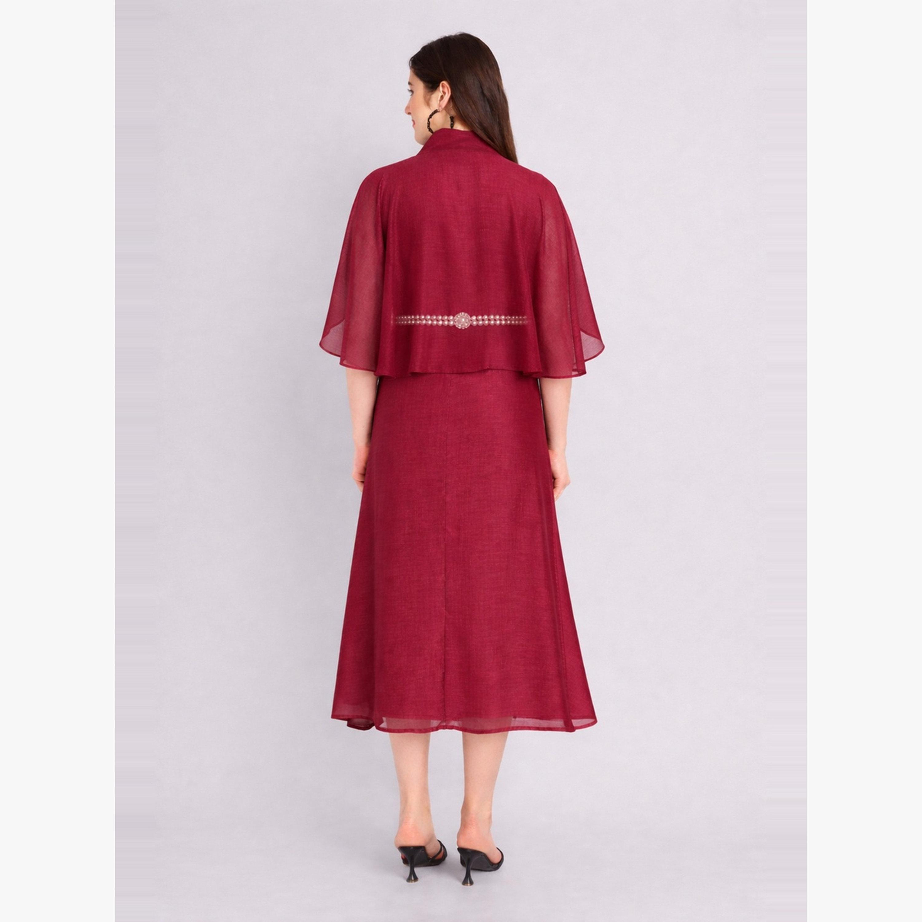 فستان ميدي بأكمام كيب مع حزام مزين بلؤلؤ صناعي-women-clothing-dresses-image-4
