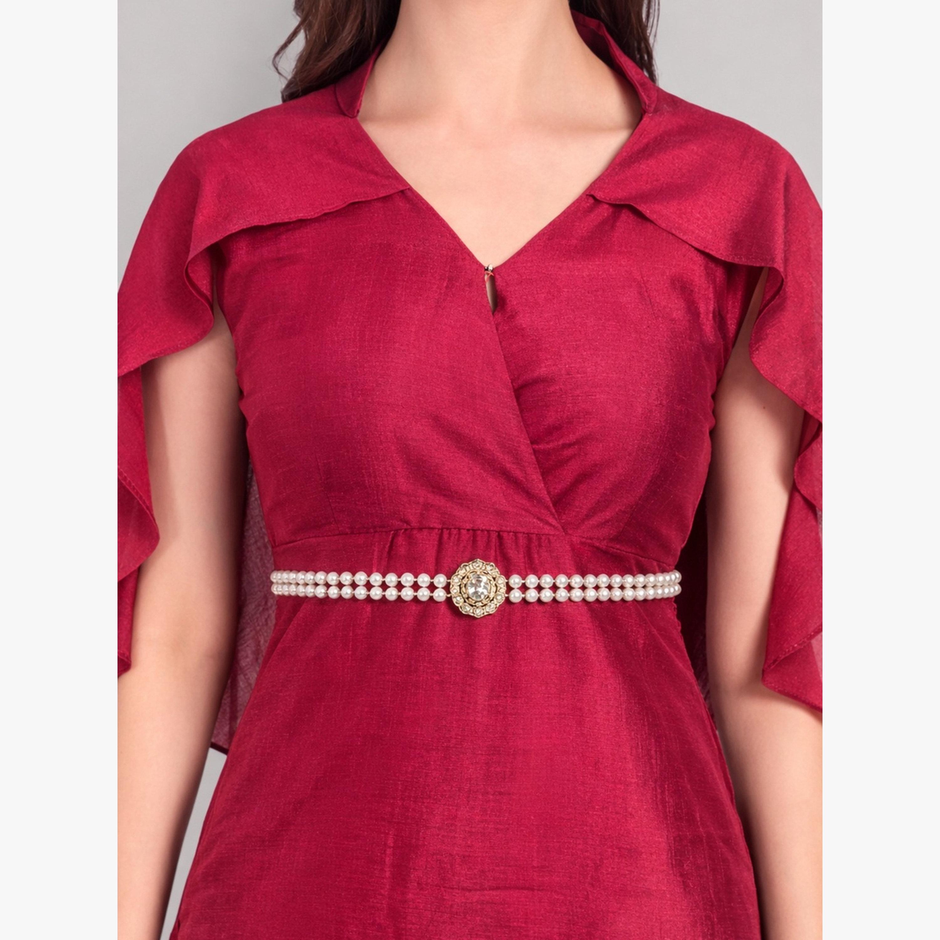 فستان ميدي بأكمام كيب مع حزام مزين بلؤلؤ صناعي-women-clothing-dresses-image-5