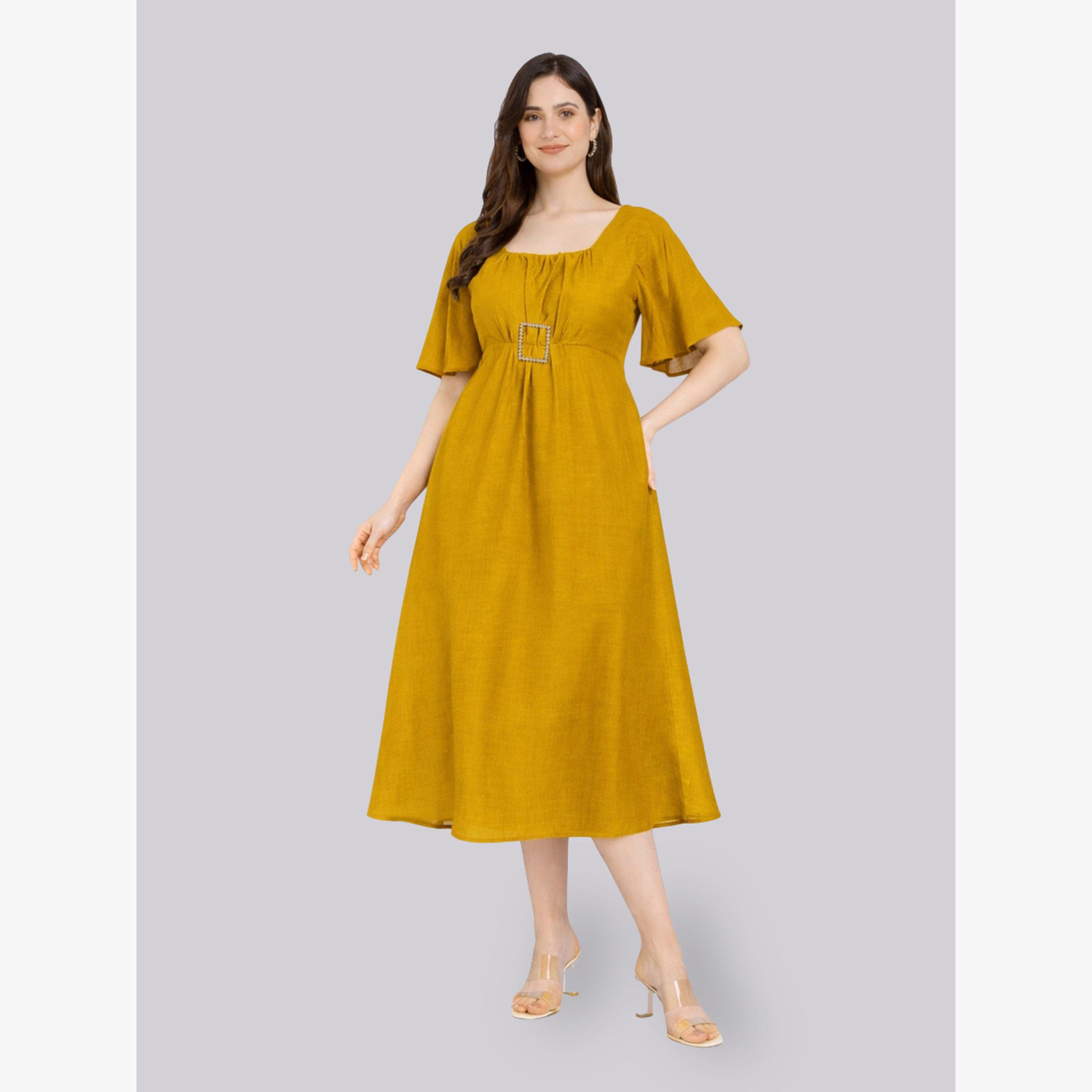 HOUSE OF RAELI X Styli Mustard Square Neck Midi Dress with Buckle Detail-women-clothing-dresses-image-1