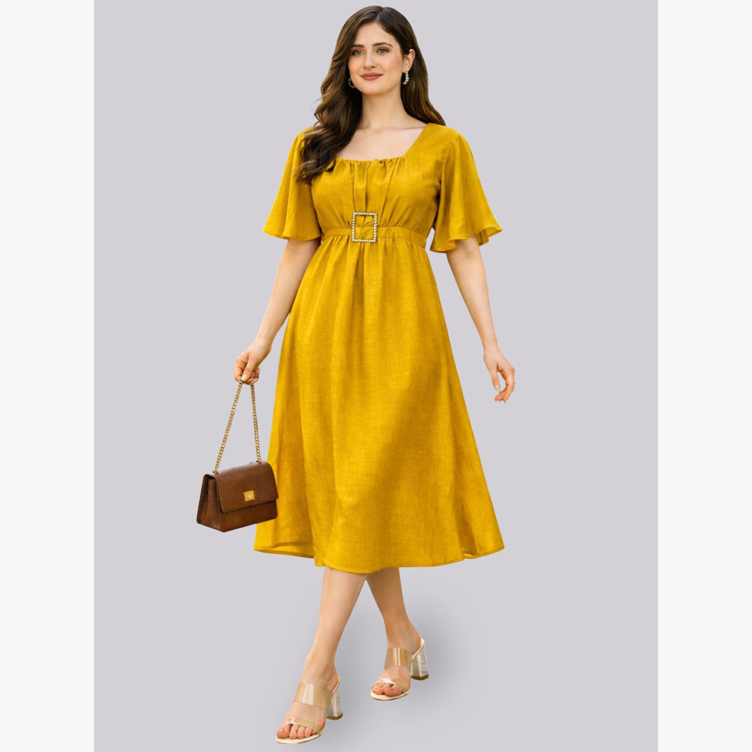 HOUSE OF RAELI X Styli Mustard Square Neck Midi Dress with Buckle Detail-women-clothing-dresses-image-2