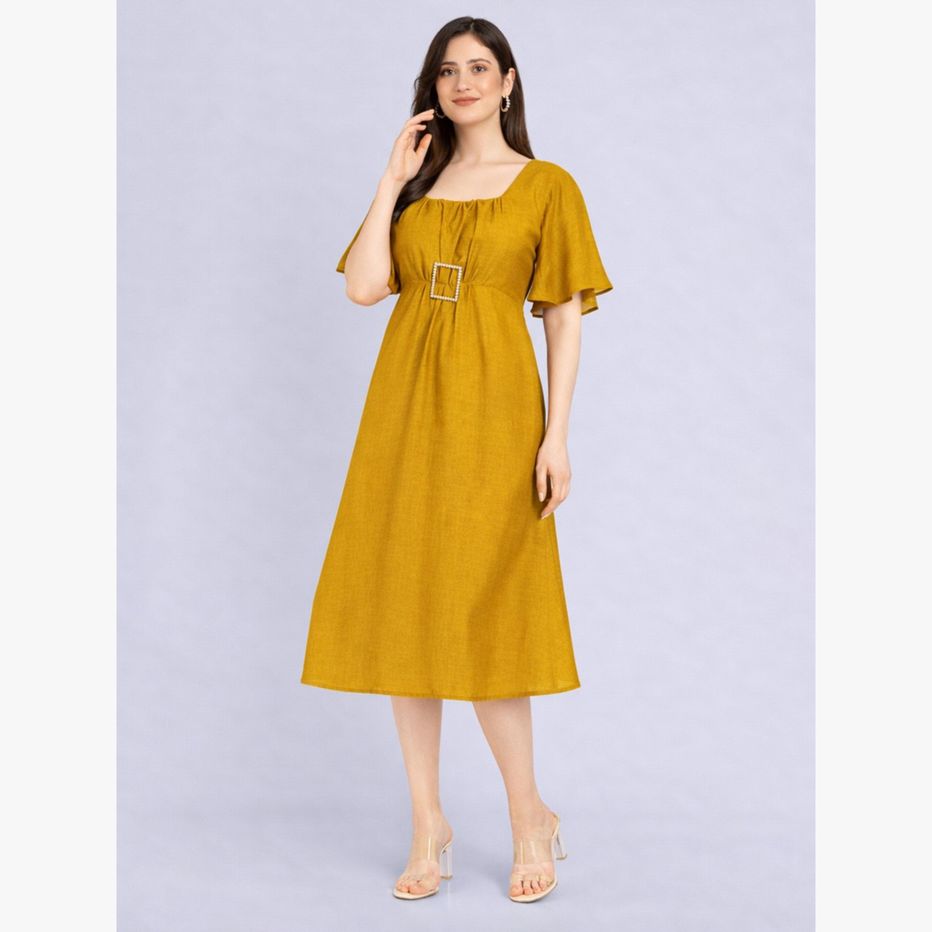 HOUSE OF RAELI X Styli Mustard Square Neck Midi Dress with Buckle Detail-women-clothing-dresses-image-3