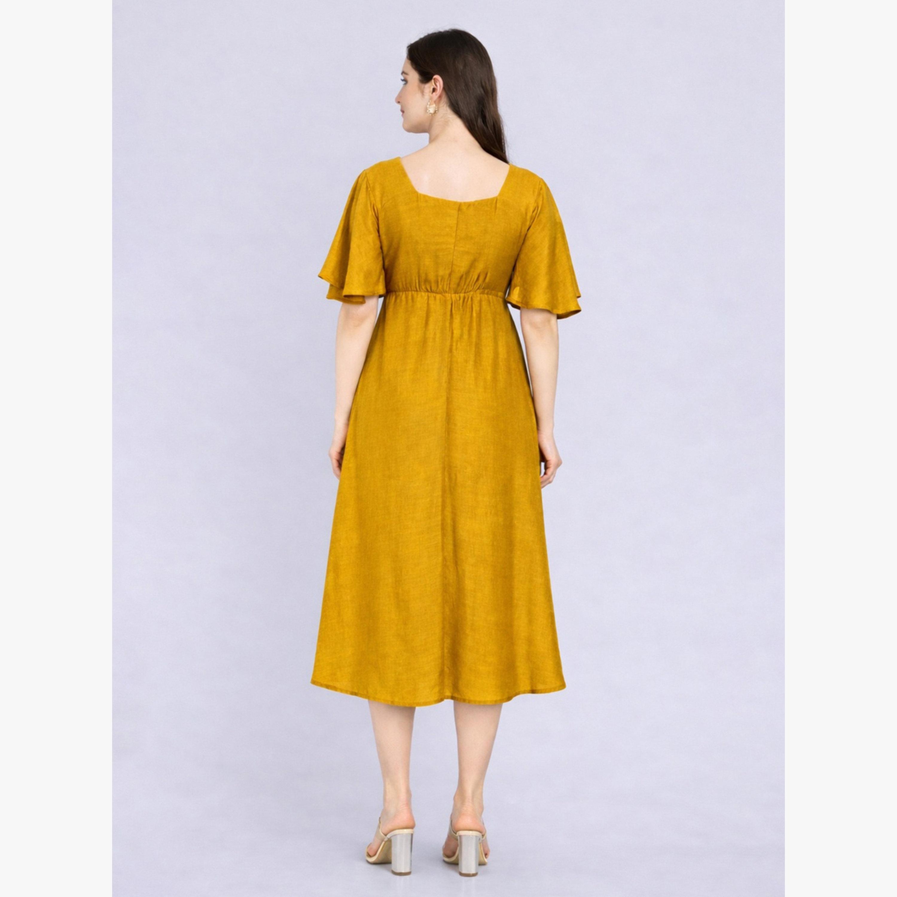 HOUSE OF RAELI X Styli Mustard Square Neck Midi Dress with Buckle Detail-women-clothing-dresses-image-4