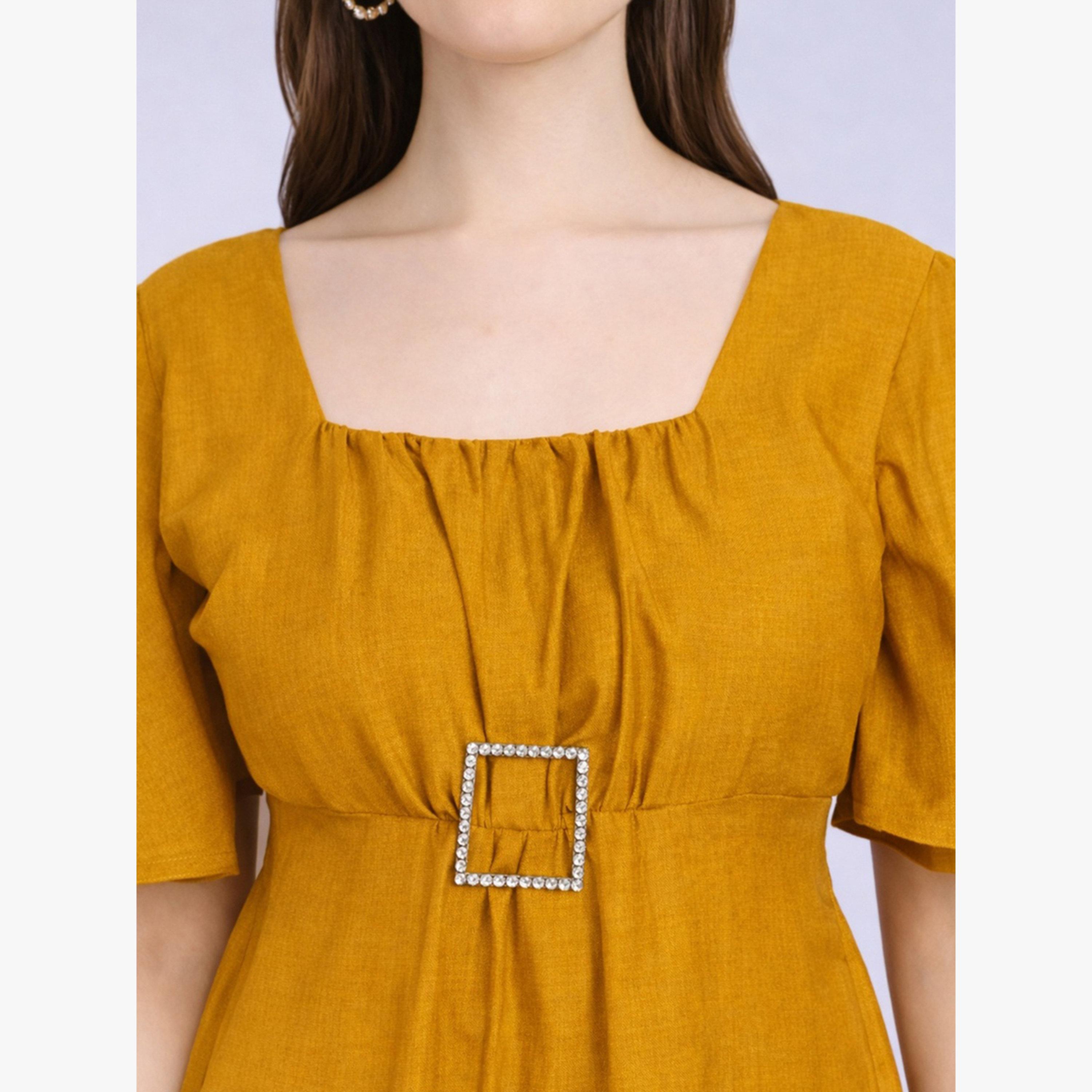 HOUSE OF RAELI X Styli Mustard Square Neck Midi Dress with Buckle Detail-women-clothing-dresses-image-5