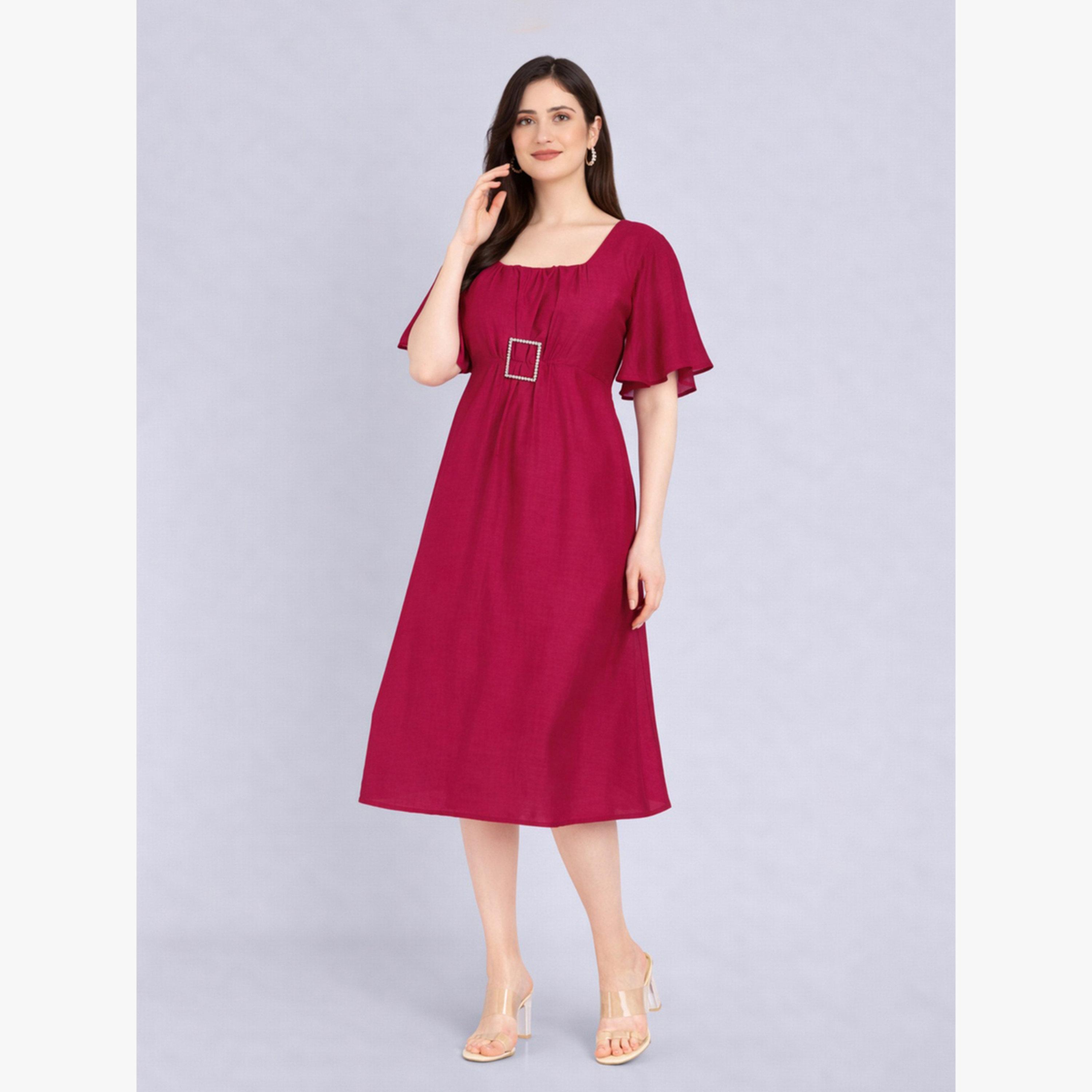 HOUSE OF RAELI X Styli Dark Pink Square Neck Midi Dress with Buckle Detail-women-clothing-dresses-image-3