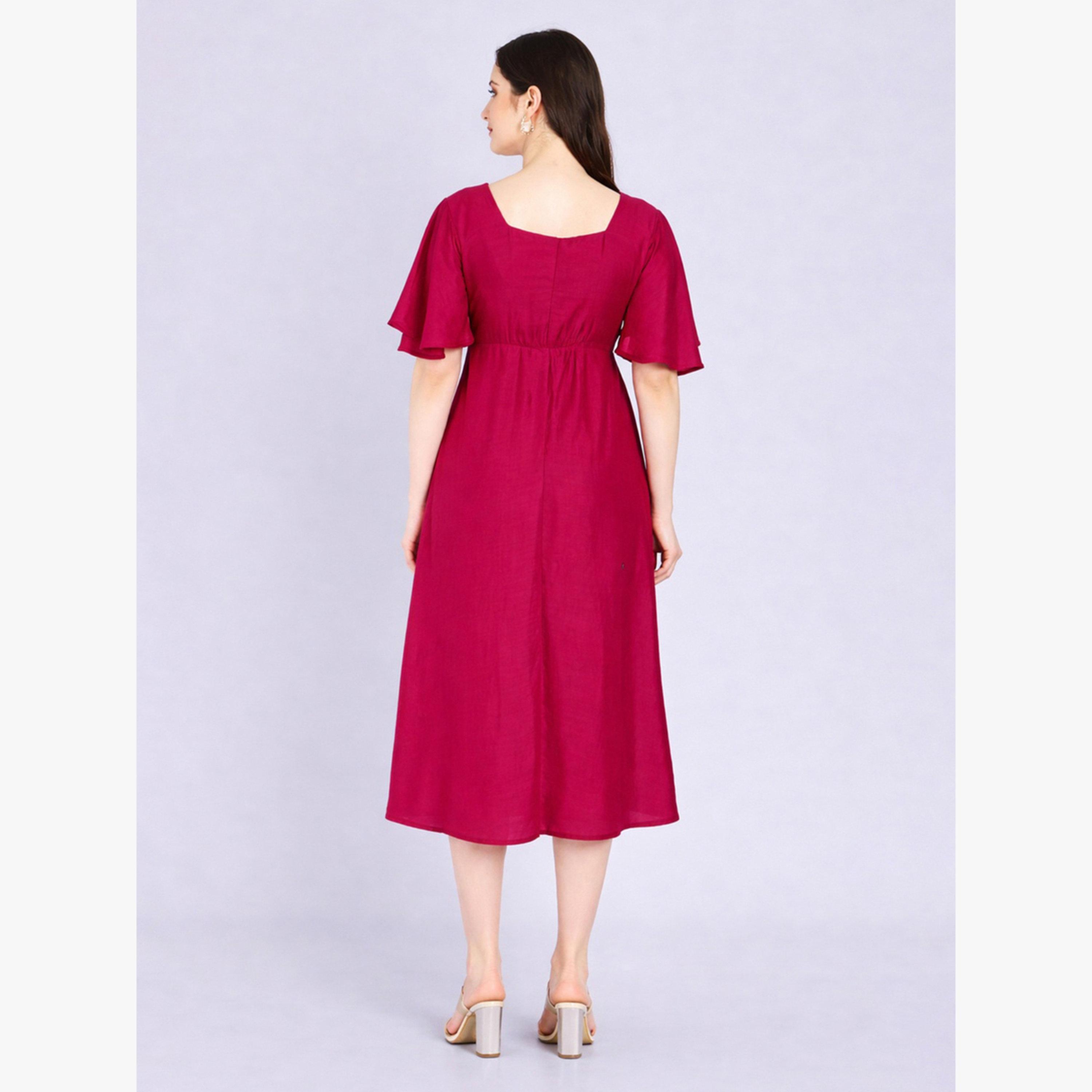 HOUSE OF RAELI X Styli Dark Pink Square Neck Midi Dress with Buckle Detail-women-clothing-dresses-image-4
