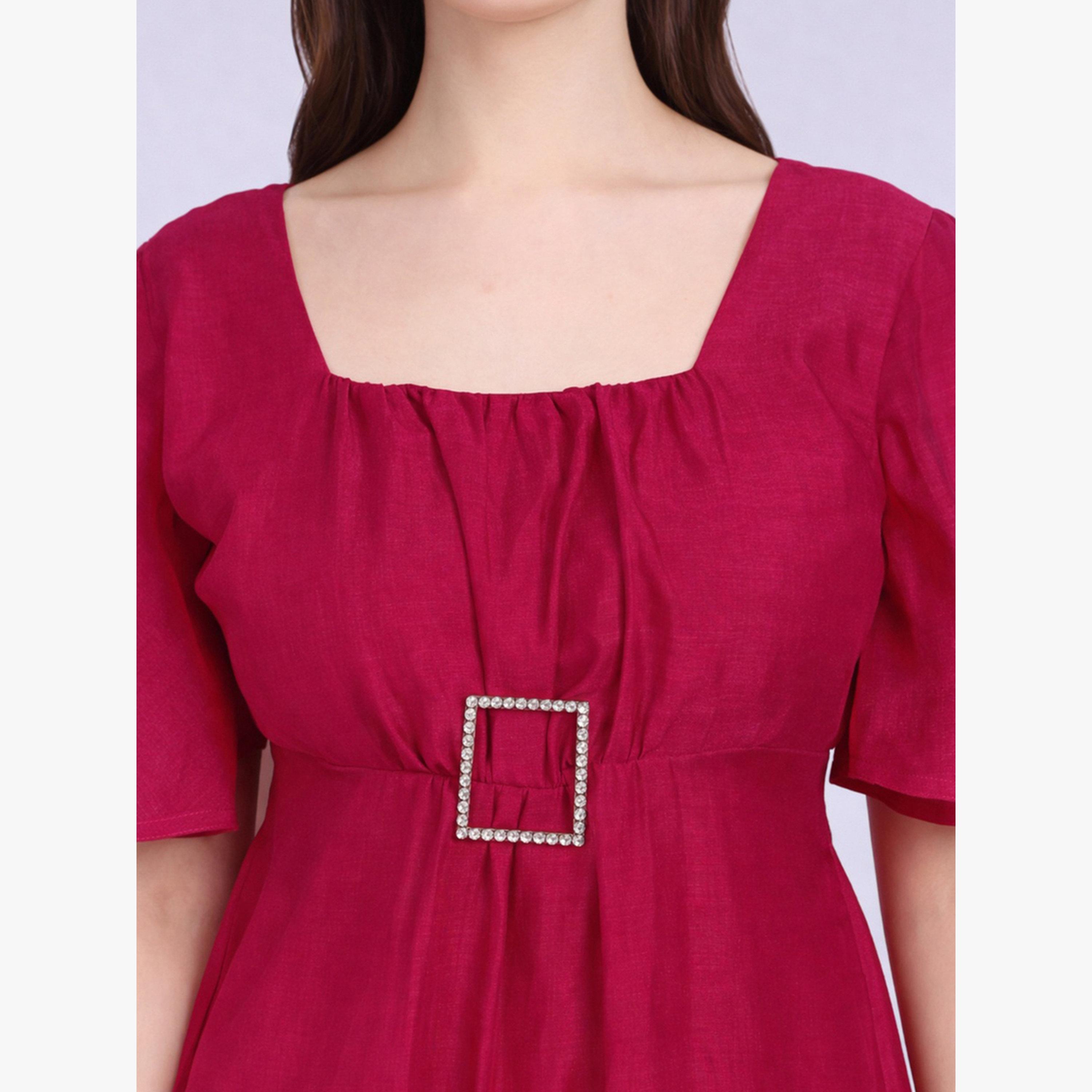 HOUSE OF RAELI X Styli Dark Pink Square Neck Midi Dress with Buckle Detail-women-clothing-dresses-image-5