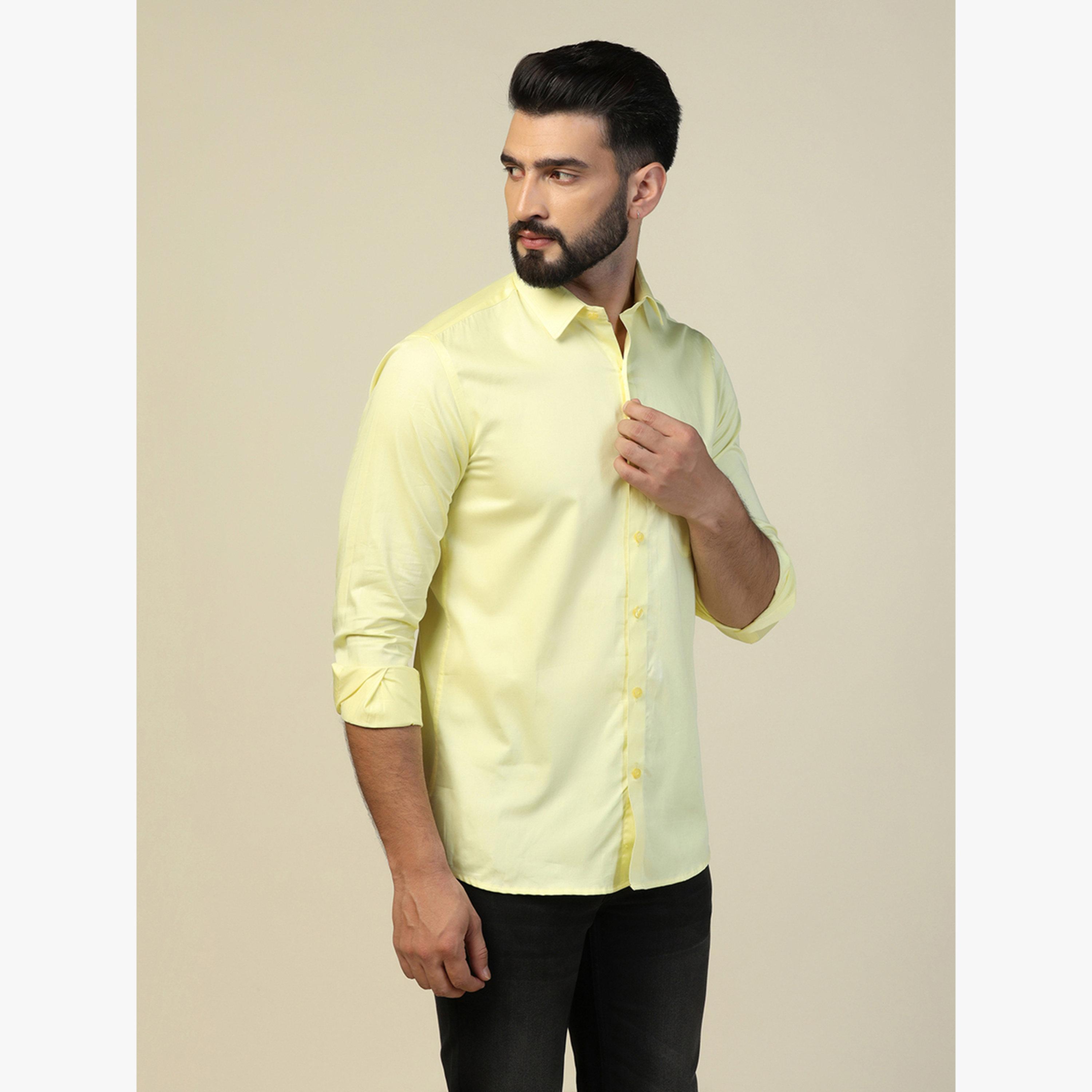 TAHVO X Styli Men Lemon Yellow Solid Cotton Shirt-men-clothing-shirts-image-1