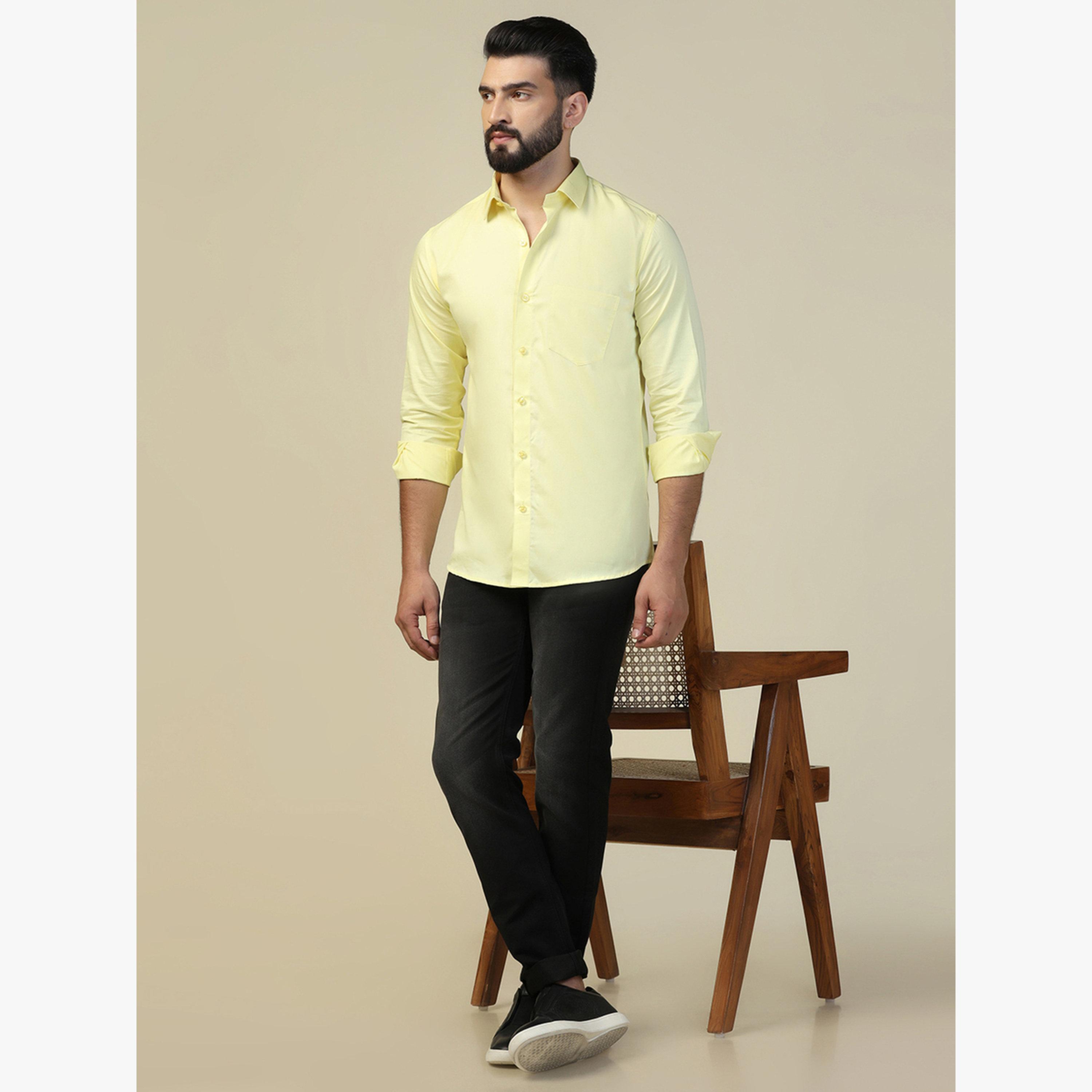 TAHVO X Styli Men Lemon Yellow Solid Cotton Shirt-men-clothing-shirts-image-2