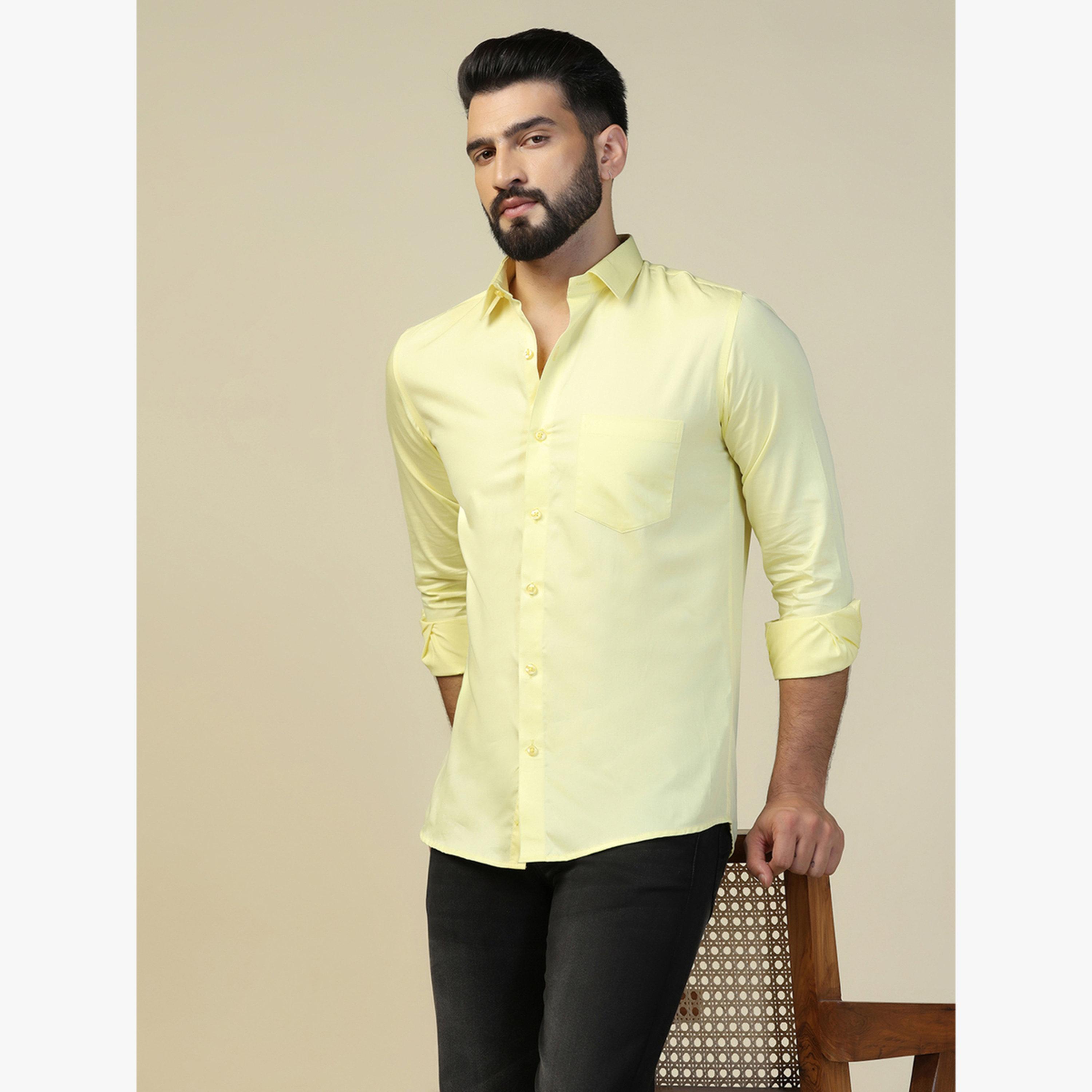 TAHVO X Styli Men Lemon Yellow Solid Cotton Shirt-men-clothing-shirts-image-3