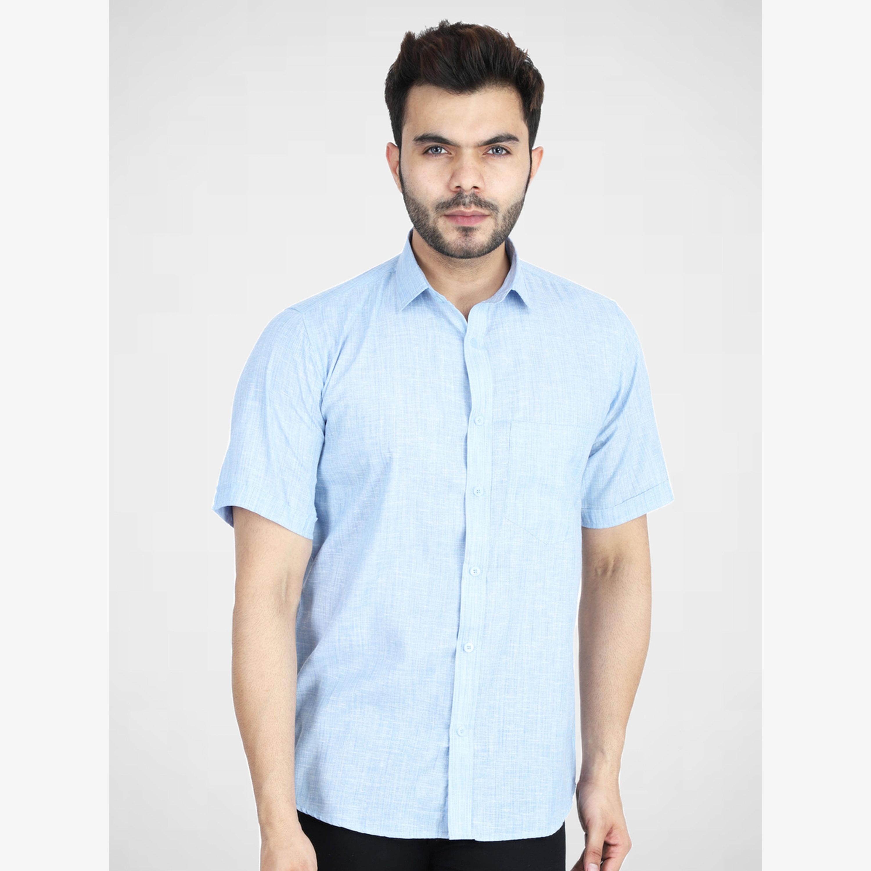 TAHVO X Styli Men Light Blue Cotton Short Sleeve Shirt-men-clothing-shirts-image-1