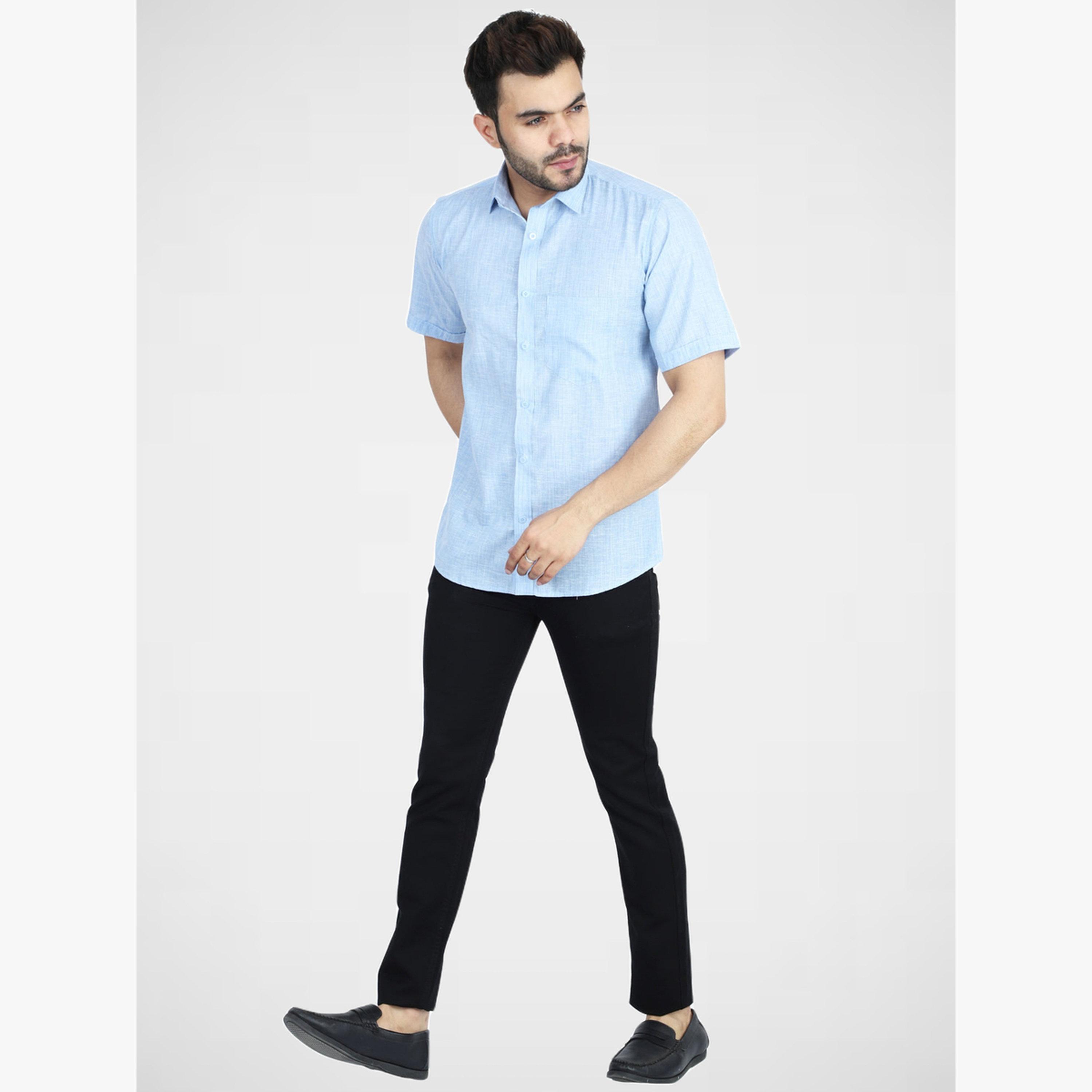 TAHVO X Styli Men Light Blue Cotton Short Sleeve Shirt-men-clothing-shirts-image-2