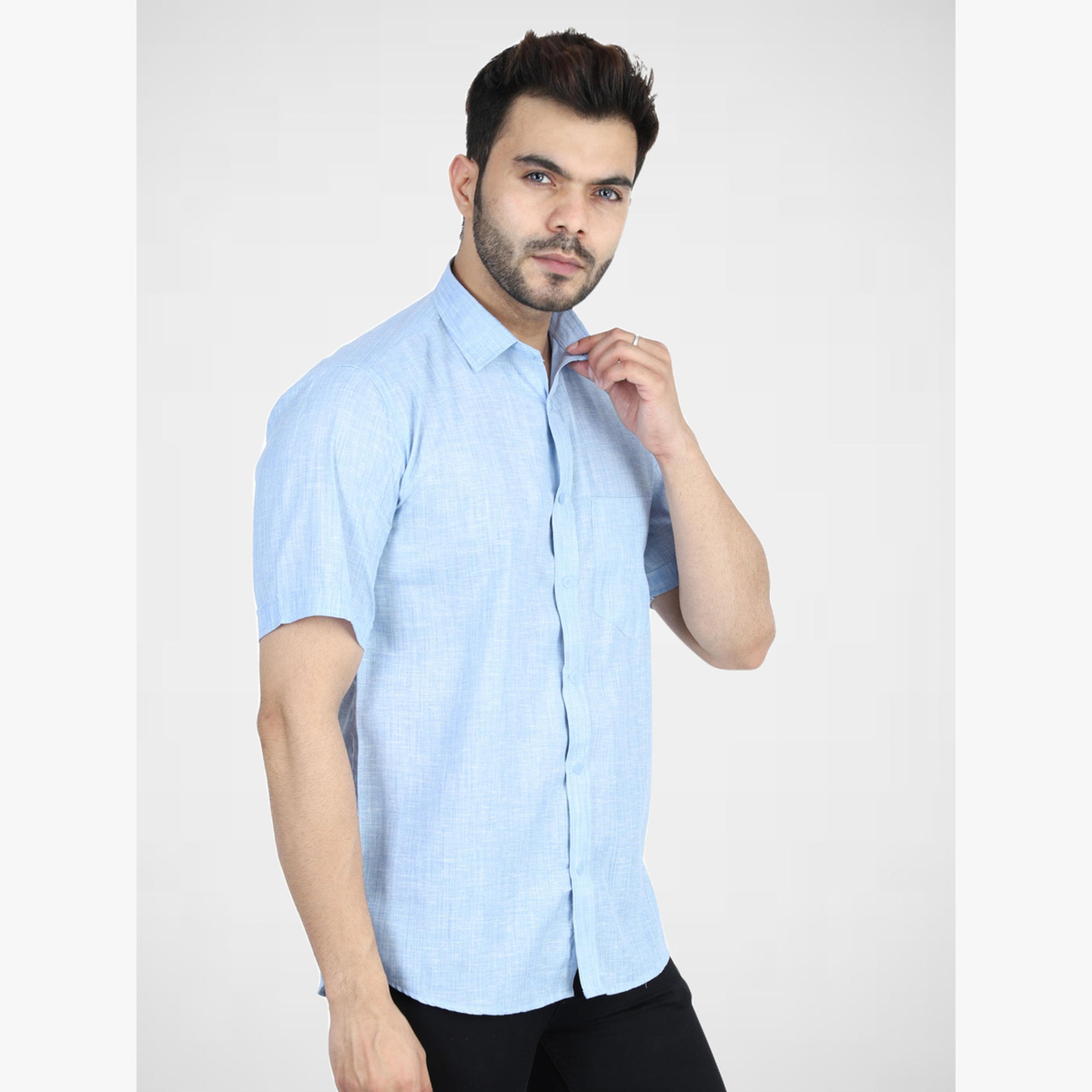 TAHVO X Styli Men Light Blue Cotton Short Sleeve Shirt-men-clothing-shirts-image-4