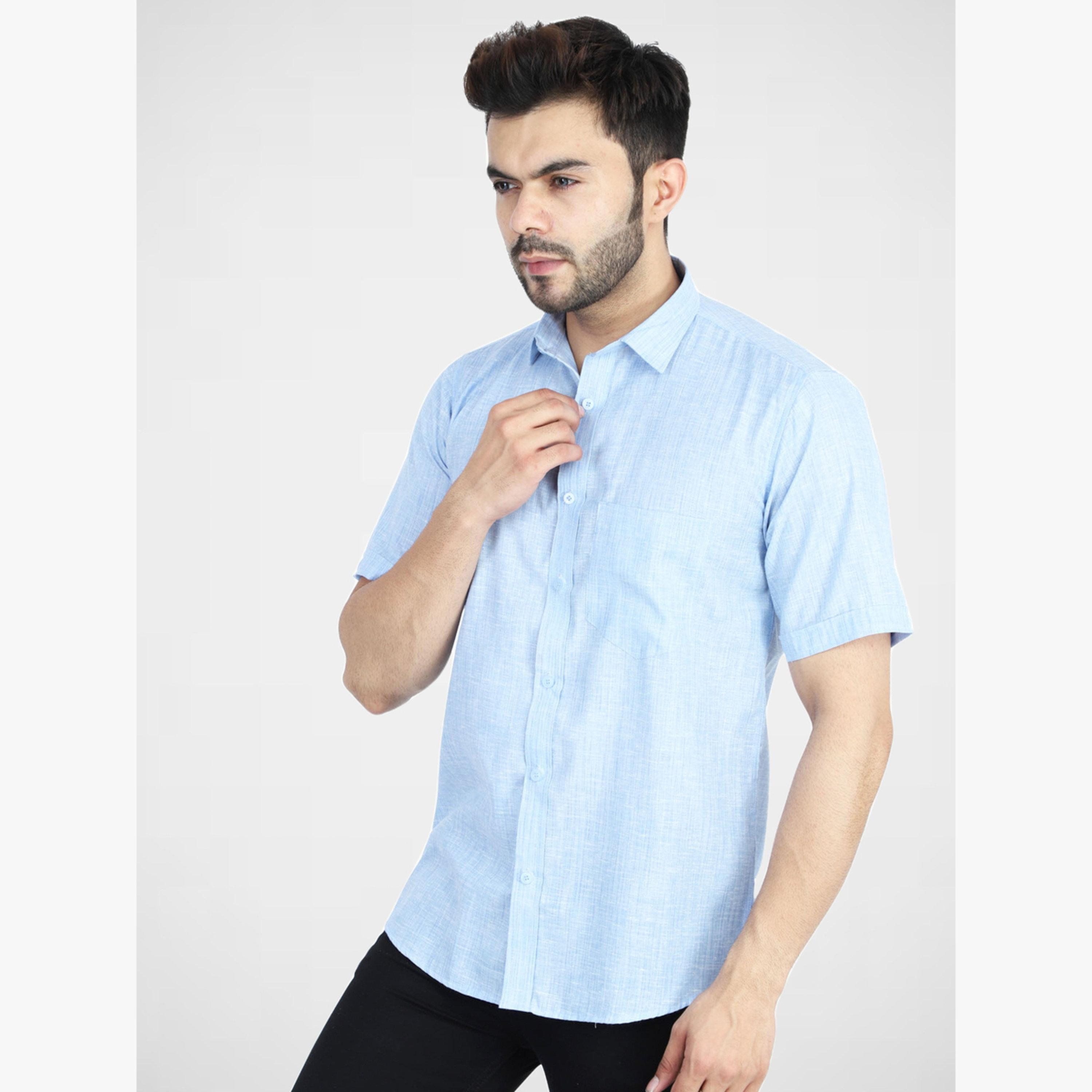 TAHVO X Styli Men Light Blue Cotton Short Sleeve Shirt-men-clothing-shirts-image-5