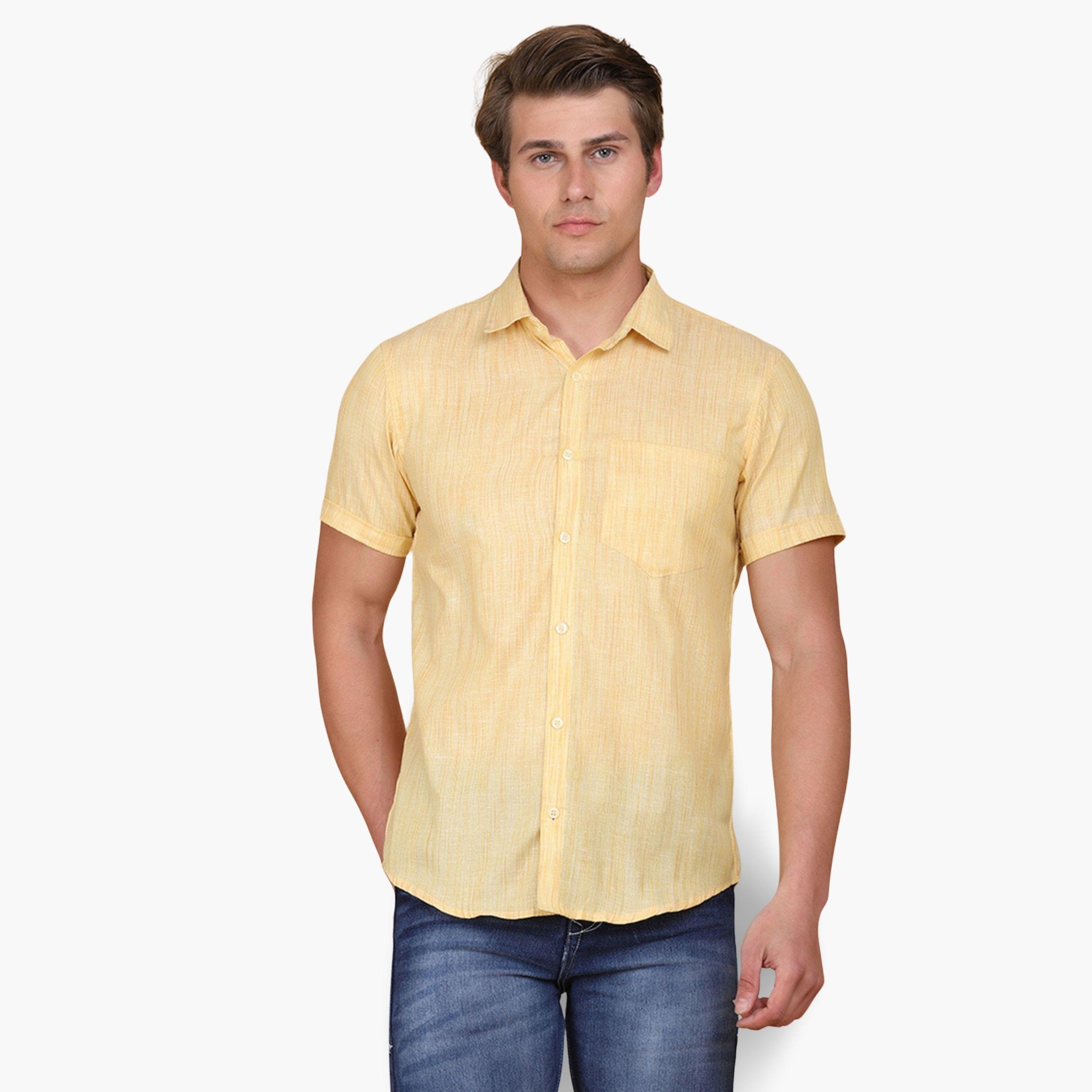 TAHVO X Styli Men Yellow Linen Look Short Sleeve Shirt-men-clothing-shirts-image-1