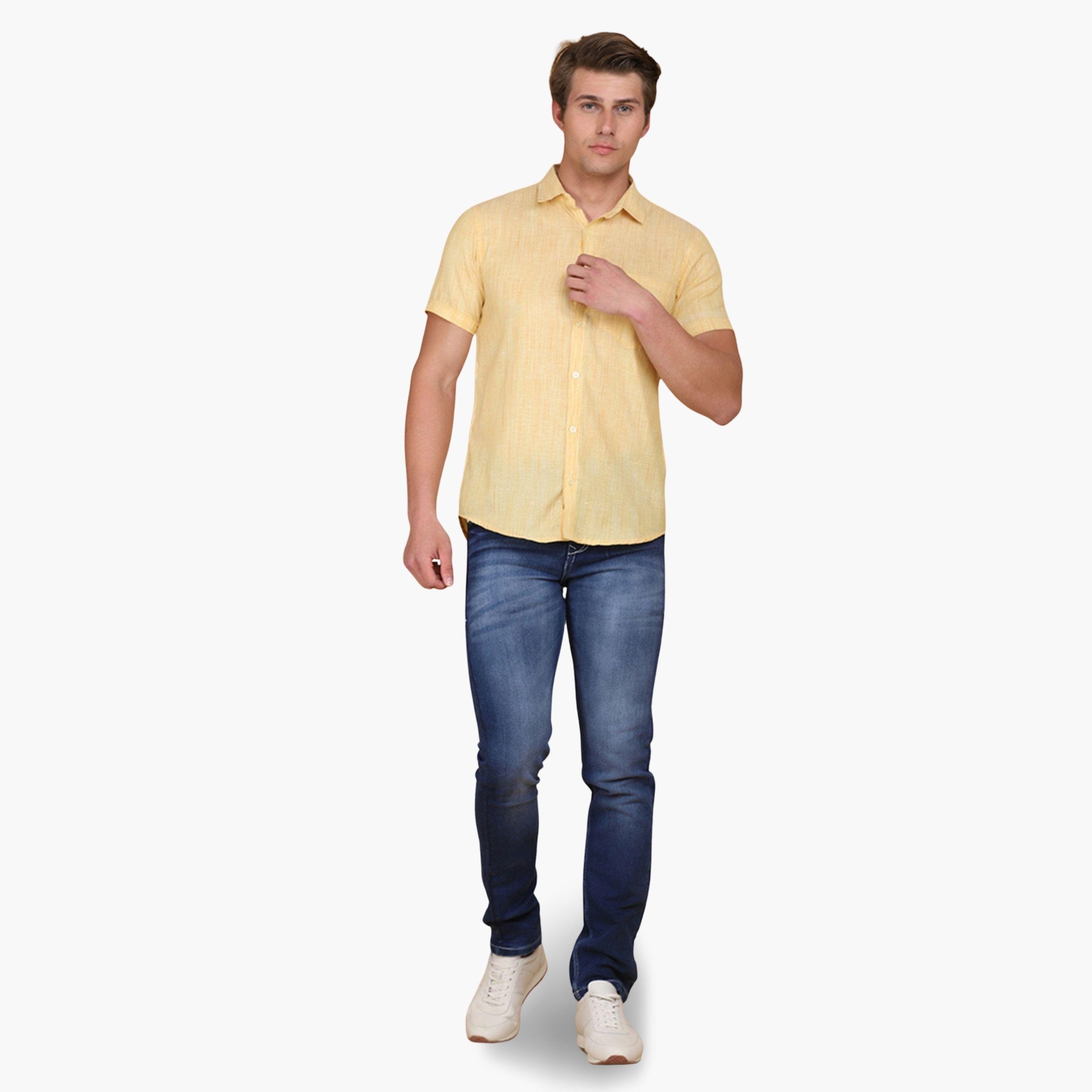 TAHVO X Styli Men Yellow Linen Look Short Sleeve Shirt-men-clothing-shirts-image-2