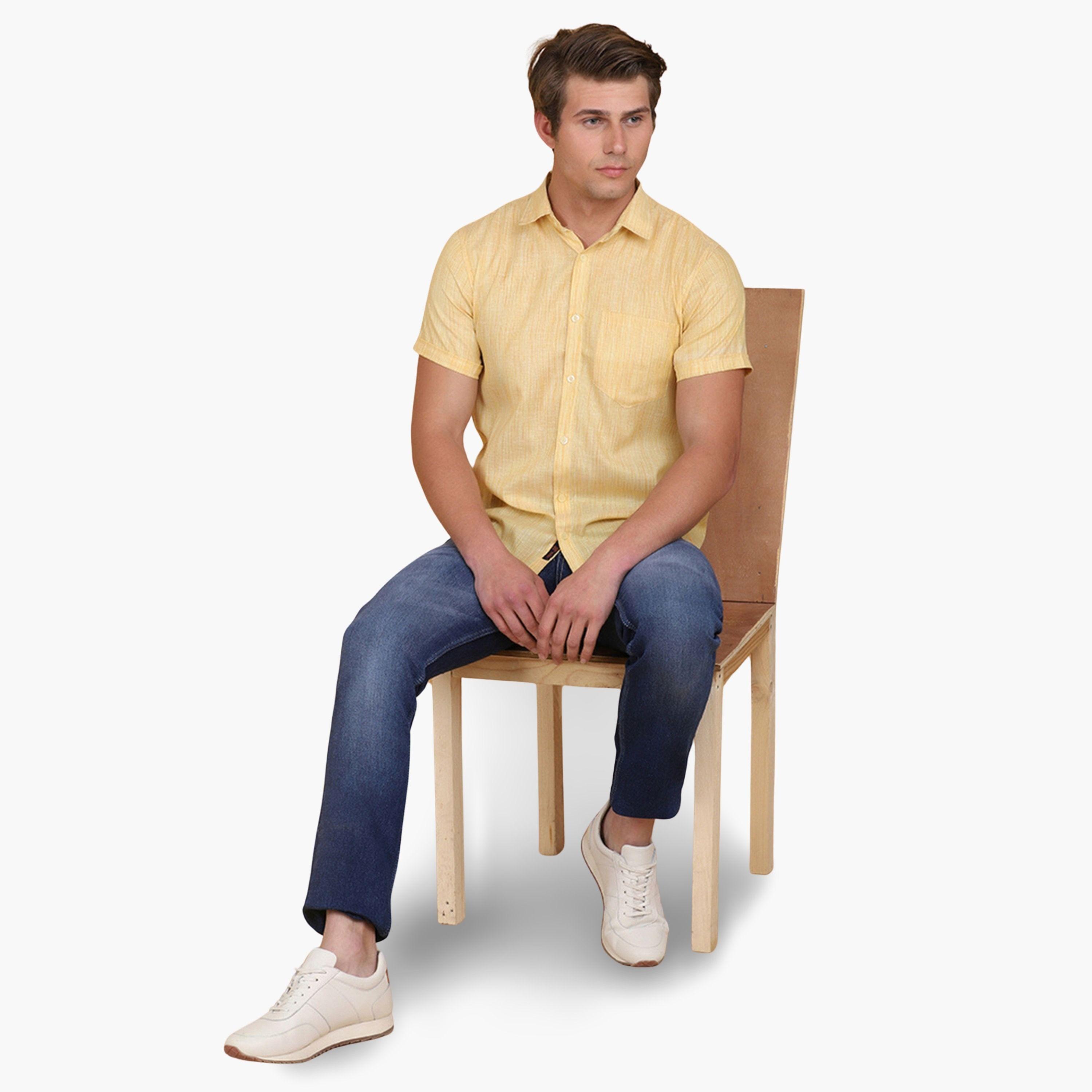 TAHVO X Styli Men Yellow Linen Look Short Sleeve Shirt-men-clothing-shirts-image-3