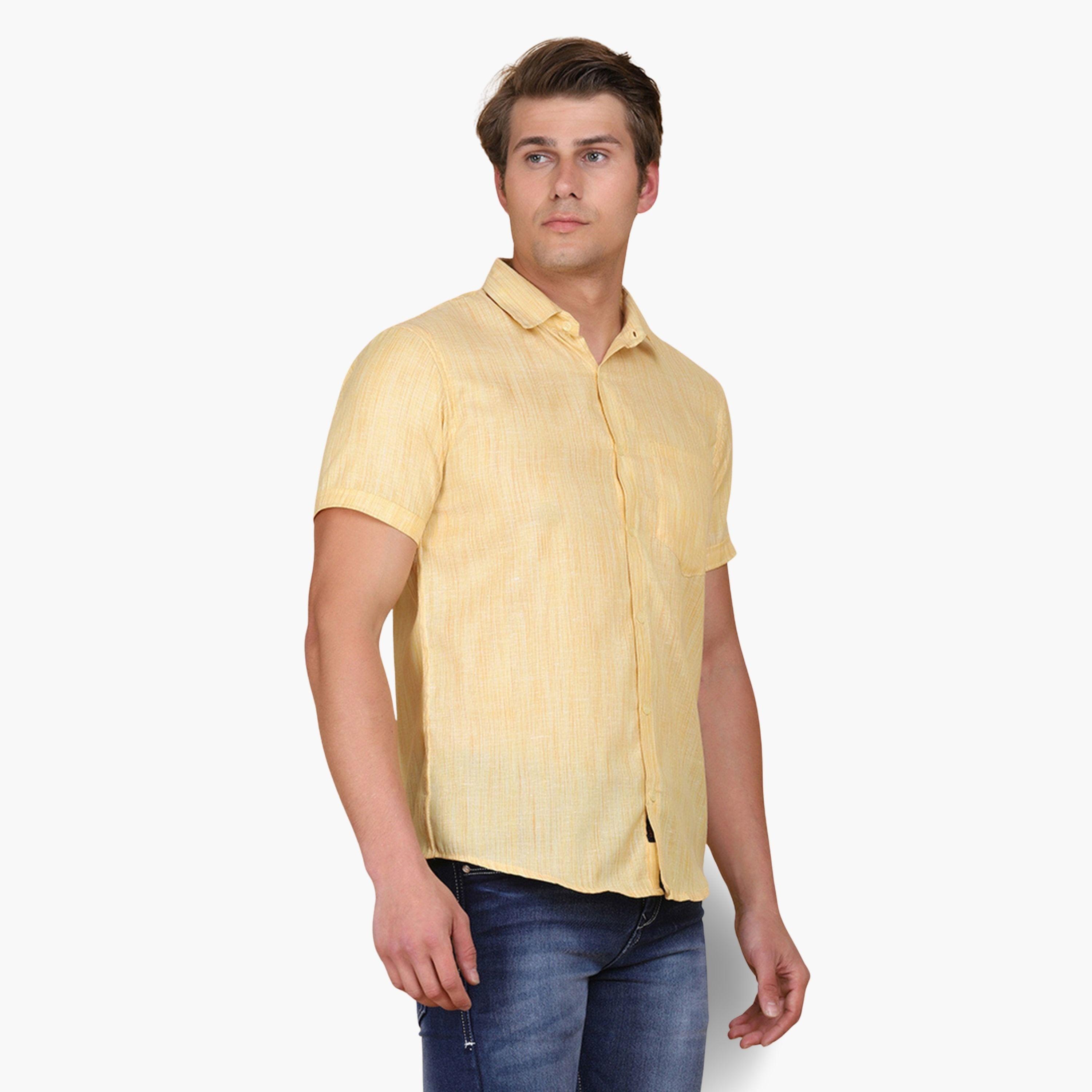 TAHVO X Styli Men Yellow Linen Look Short Sleeve Shirt-men-clothing-shirts-image-4