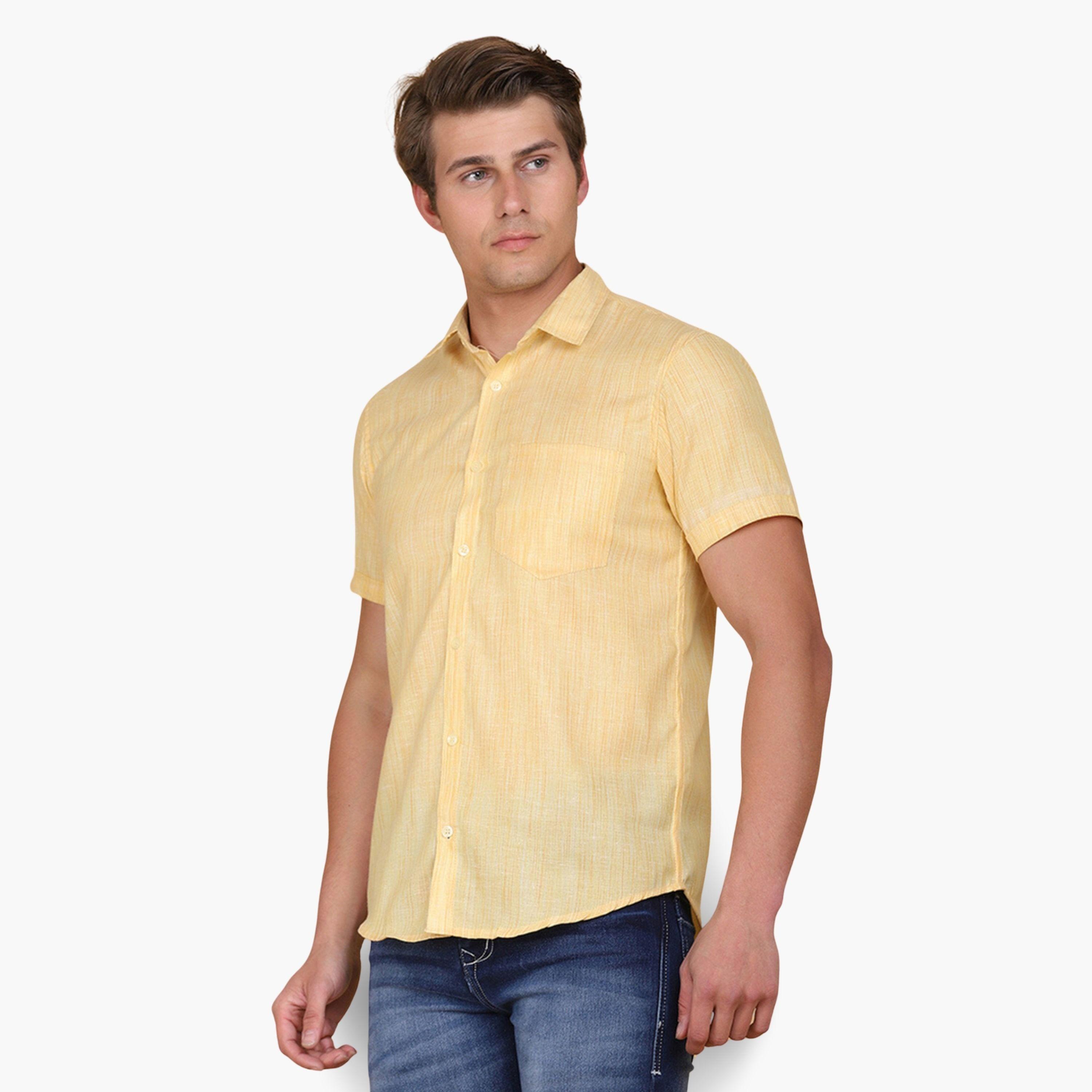 TAHVO X Styli Men Yellow Linen Look Short Sleeve Shirt-men-clothing-shirts-image-5