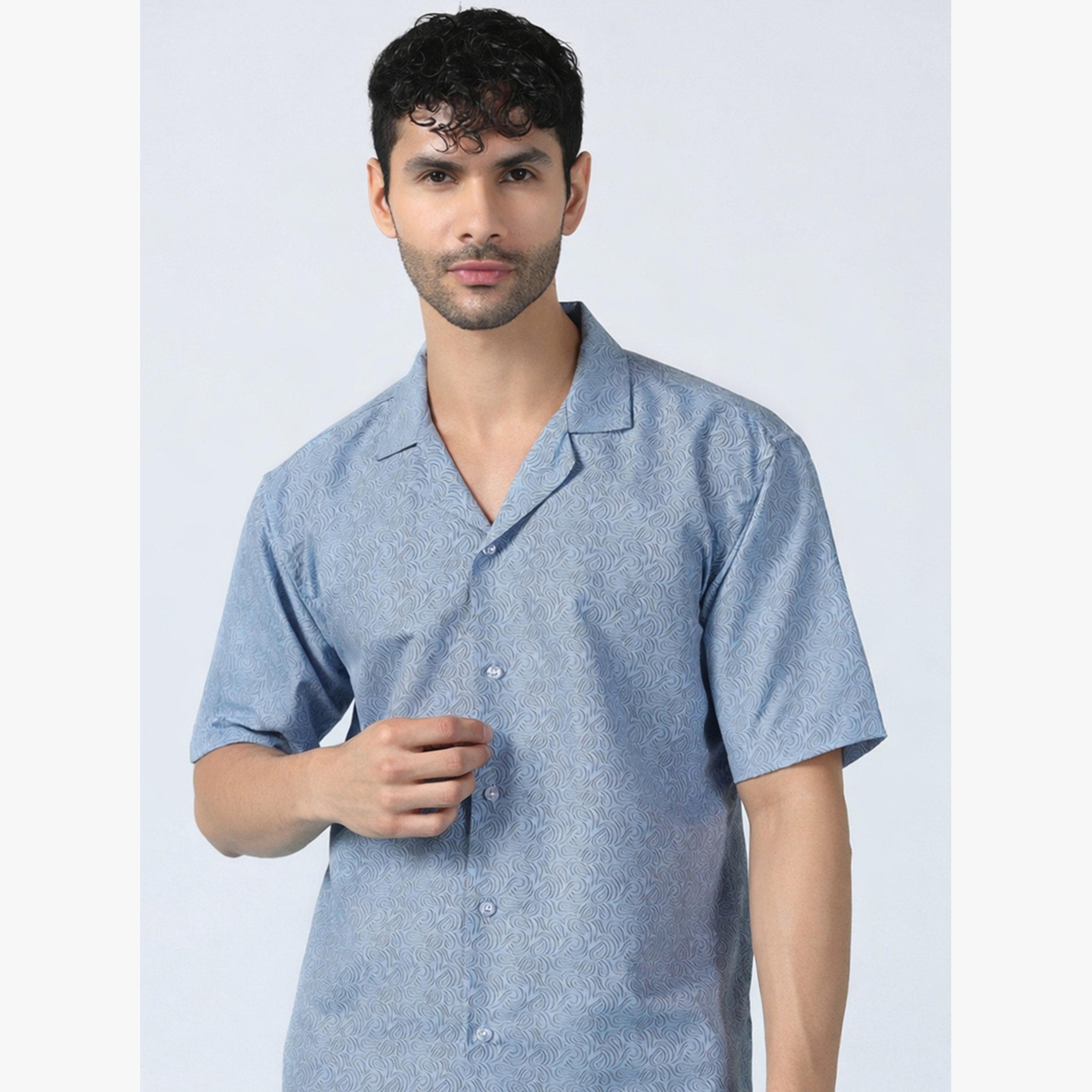 TAHVO X Styli Men Blue Wave Pattern Cotton Shirt-men-clothing-shirts-image-3