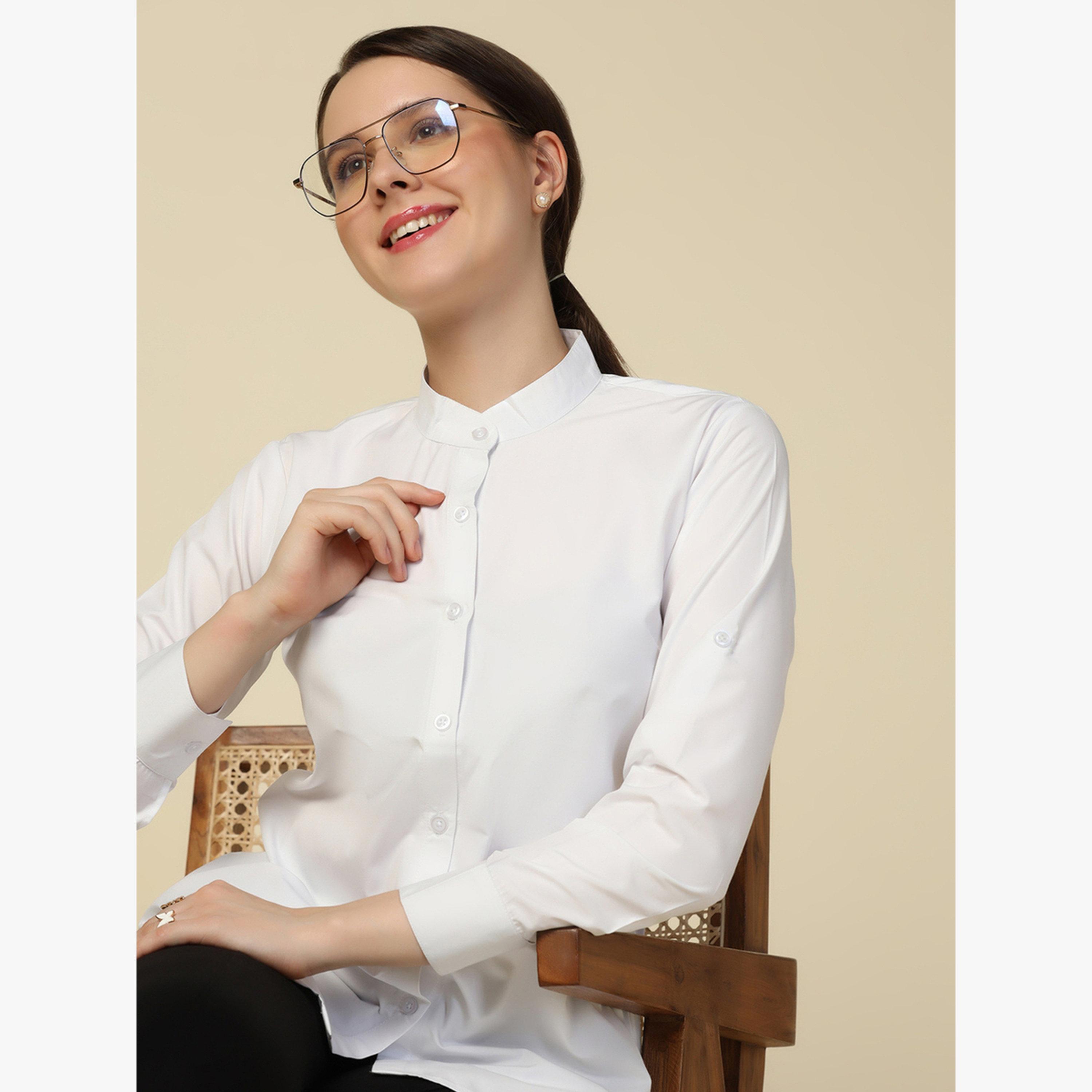 TAHVO X Styli White Solid Stand Collar Shirt-women-clothing-shirtsandblouses-shirts-image-4