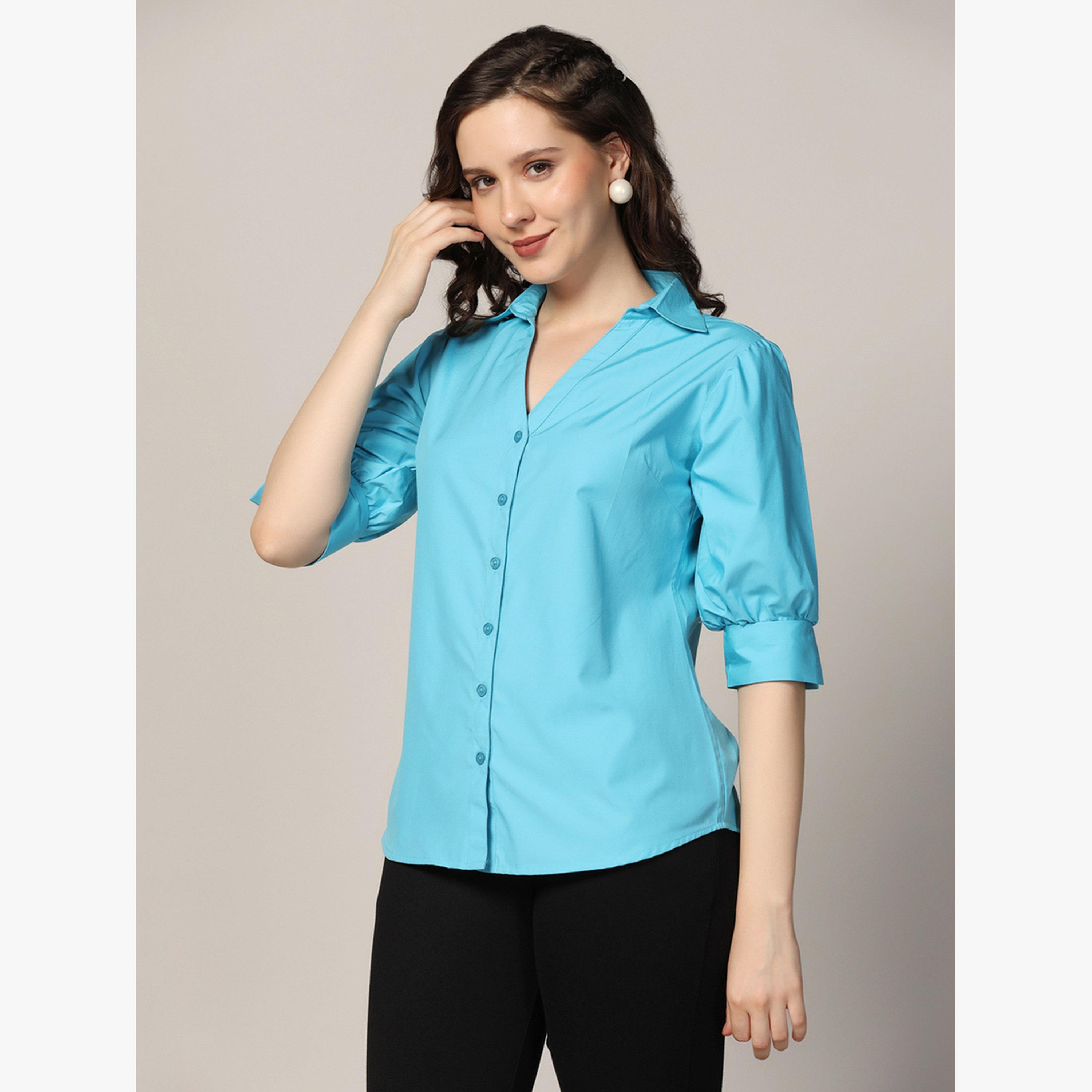 TAHVO X Styli Blue Solid Puff Sleeve Shirt-women-clothing-shirtsandblouses-shirts-image-2