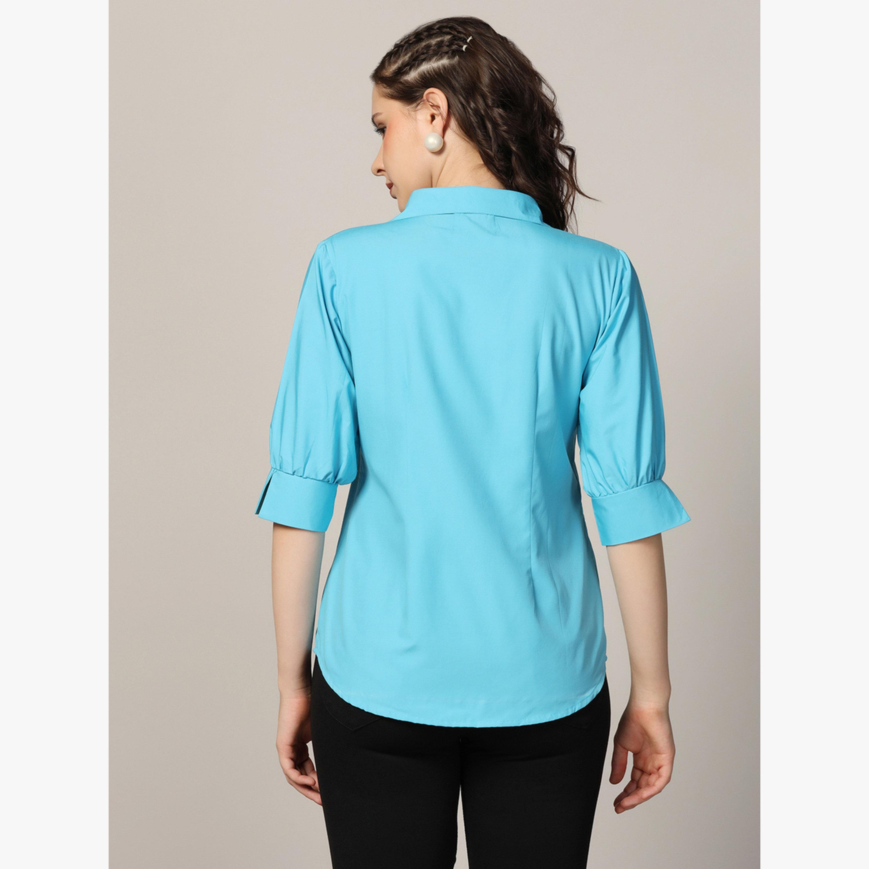 TAHVO X Styli Blue Solid Puff Sleeve Shirt-women-clothing-shirtsandblouses-shirts-image-3
