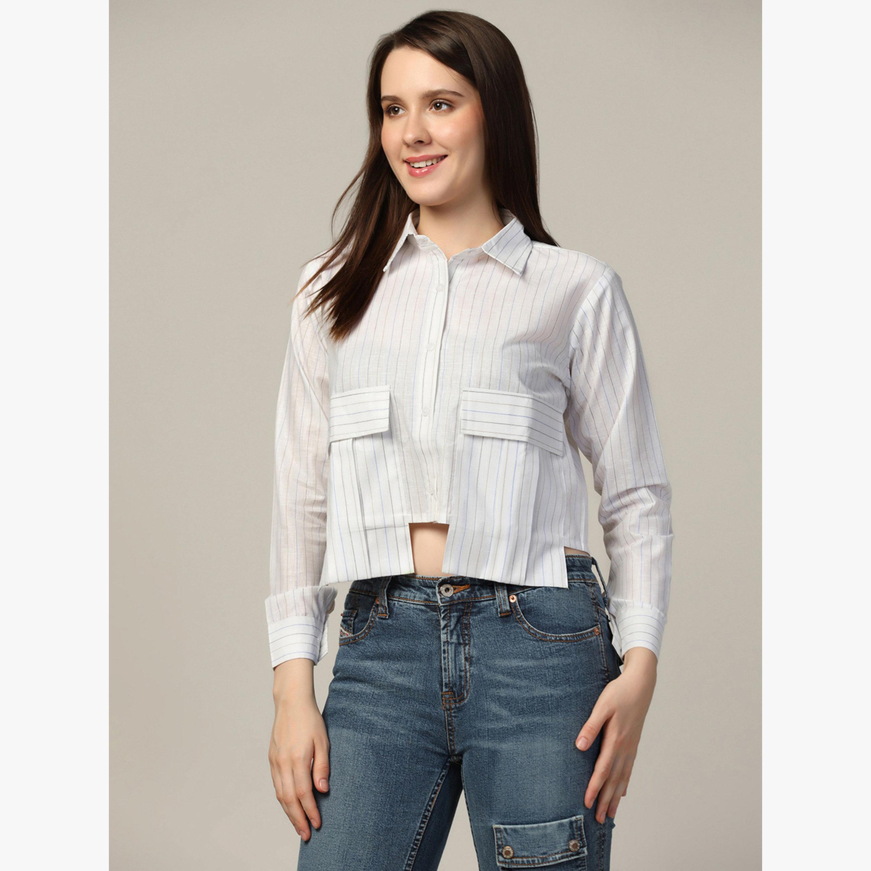 TAHVO X Styli White Striped Crop Shirt with Overlap Pocket-women-clothing-shirtsandblouses-blouses-image-1