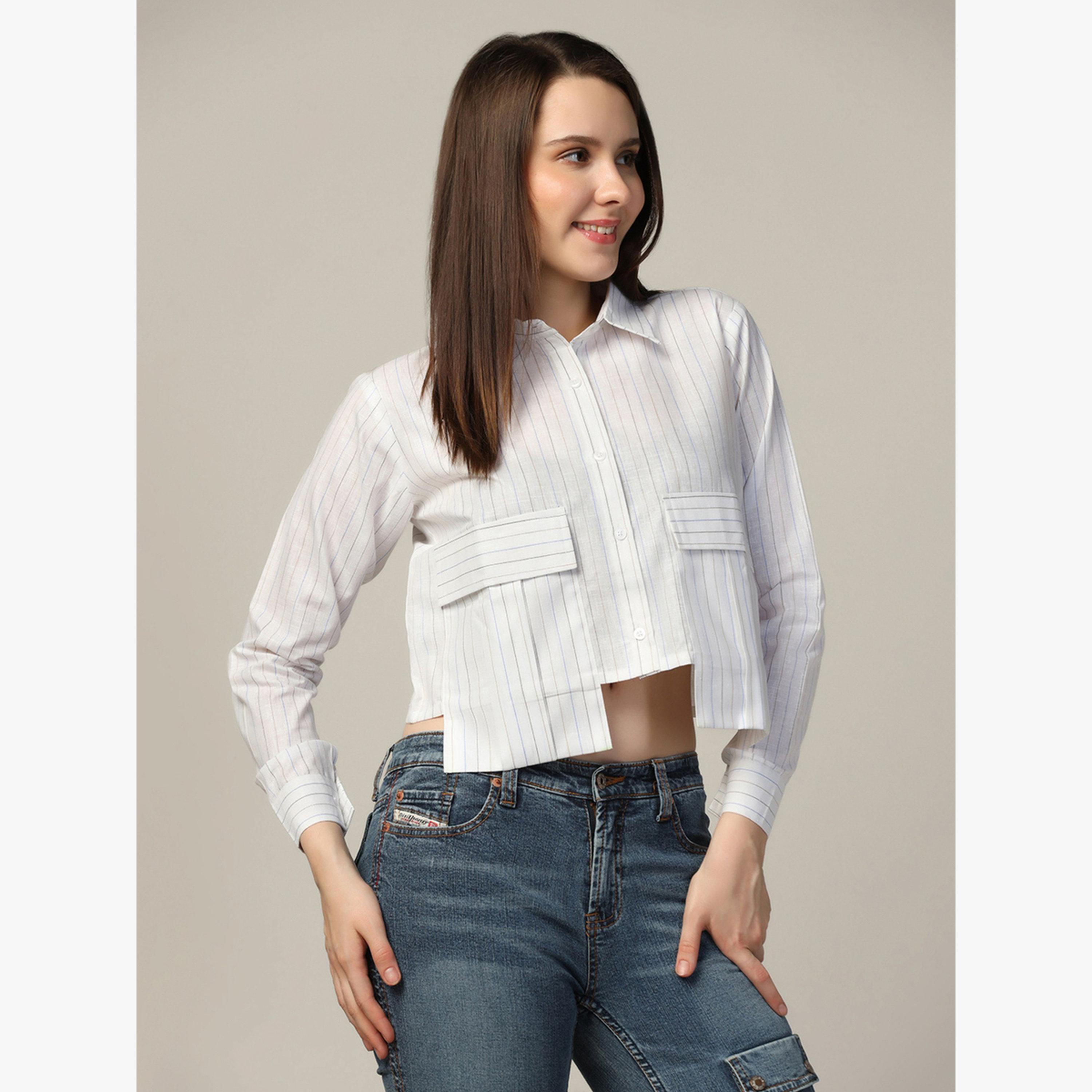 قميص قصير مخطط بجيب متداخل-women-clothing-shirtsandblouses-blouses-image-4