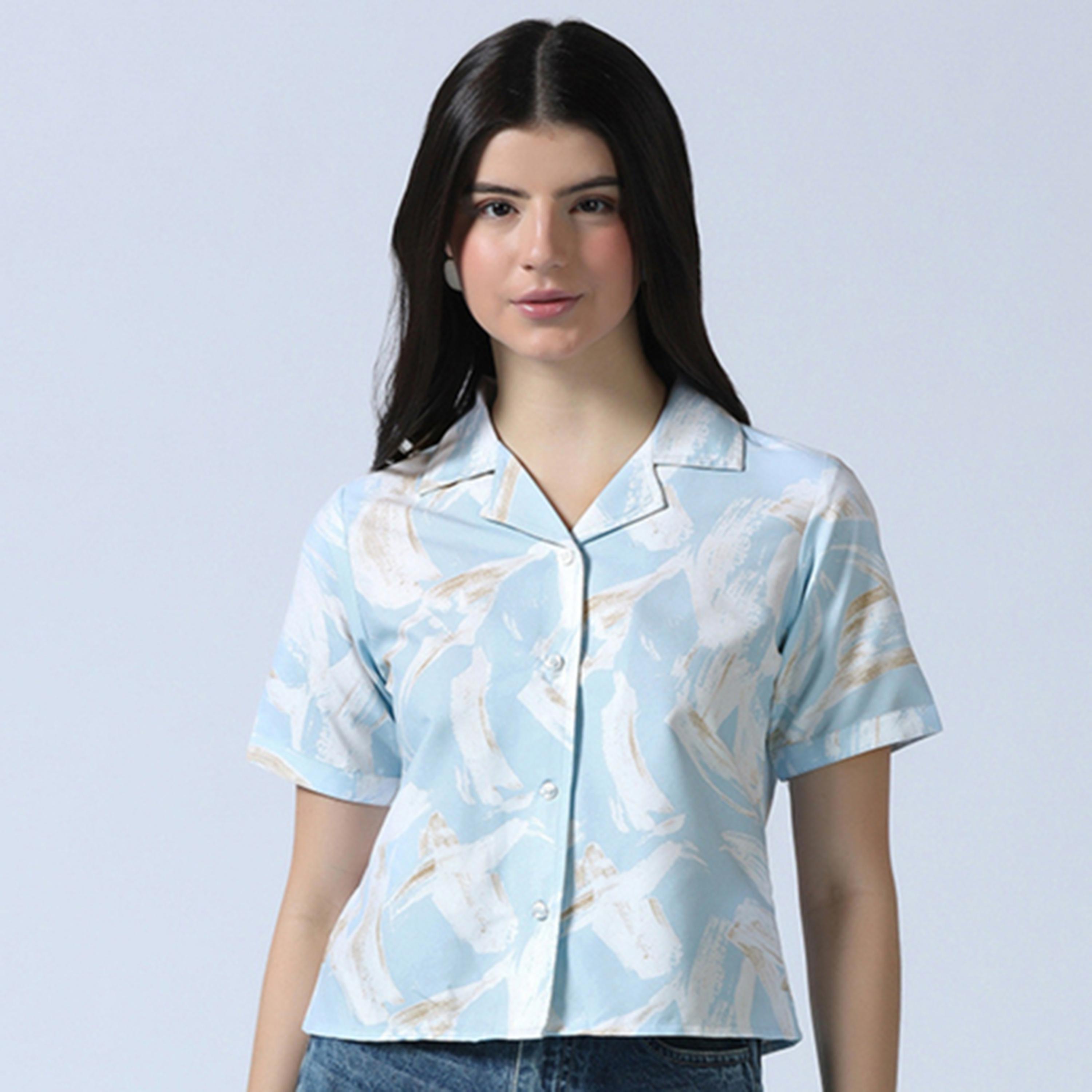 TAHVO X Styli Blue Printed Cotton Crop Shirt-women-clothing-shirtsandblouses-shirts-image-1