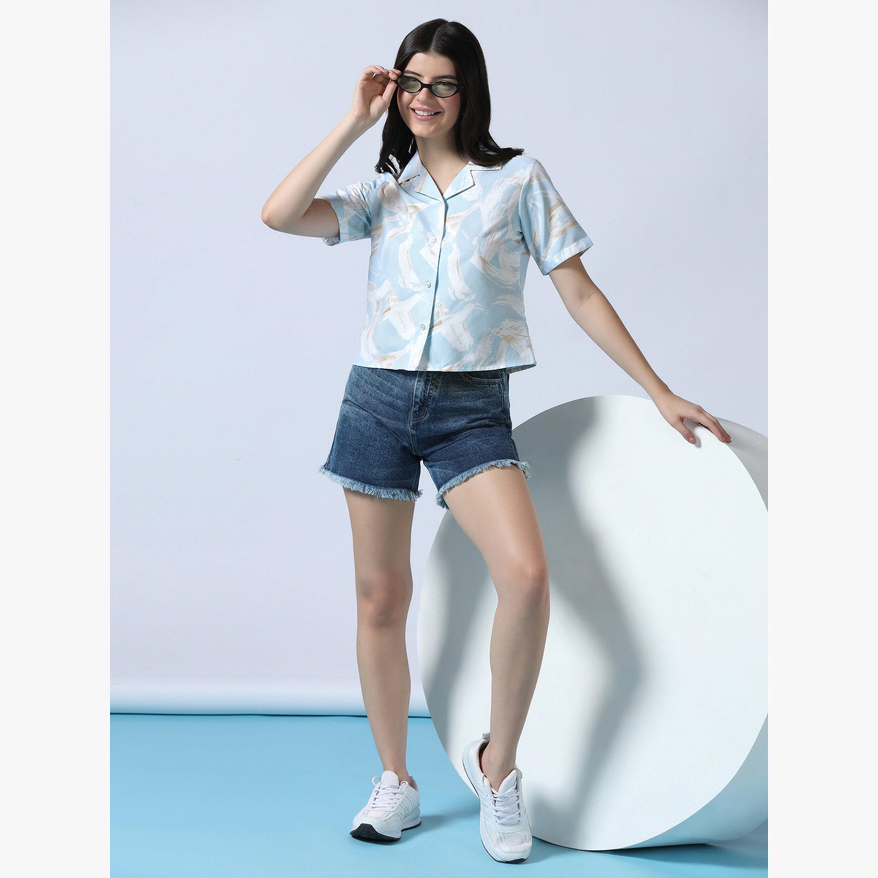 TAHVO X Styli Blue Printed Cotton Crop Shirt-women-clothing-shirtsandblouses-shirts-image-2