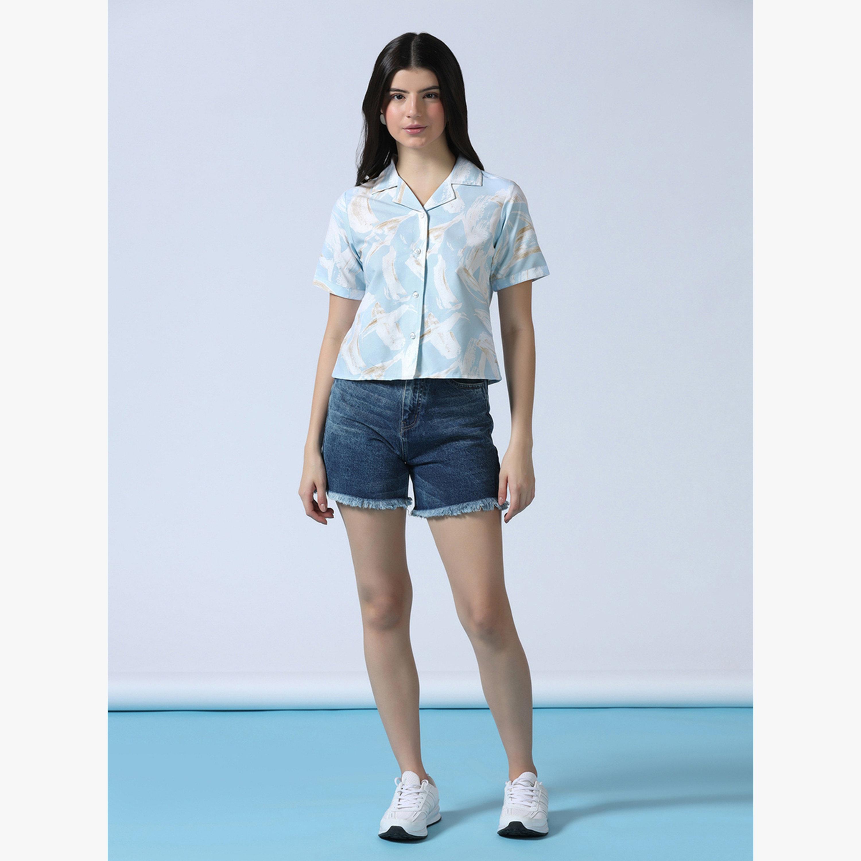 TAHVO X Styli Blue Printed Cotton Crop Shirt-women-clothing-shirtsandblouses-shirts-image-3