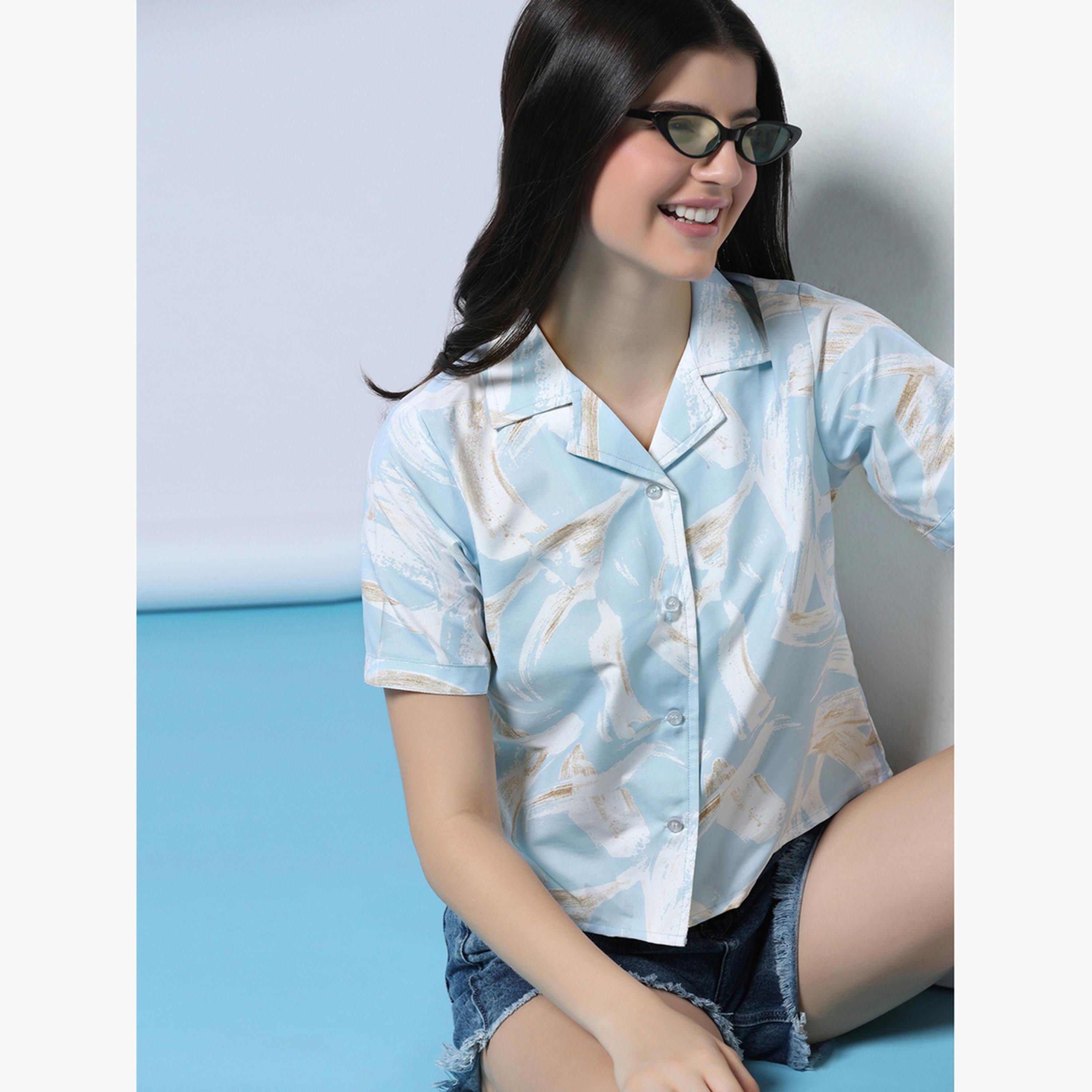 TAHVO X Styli Blue Printed Cotton Crop Shirt-women-clothing-shirtsandblouses-shirts-image-4