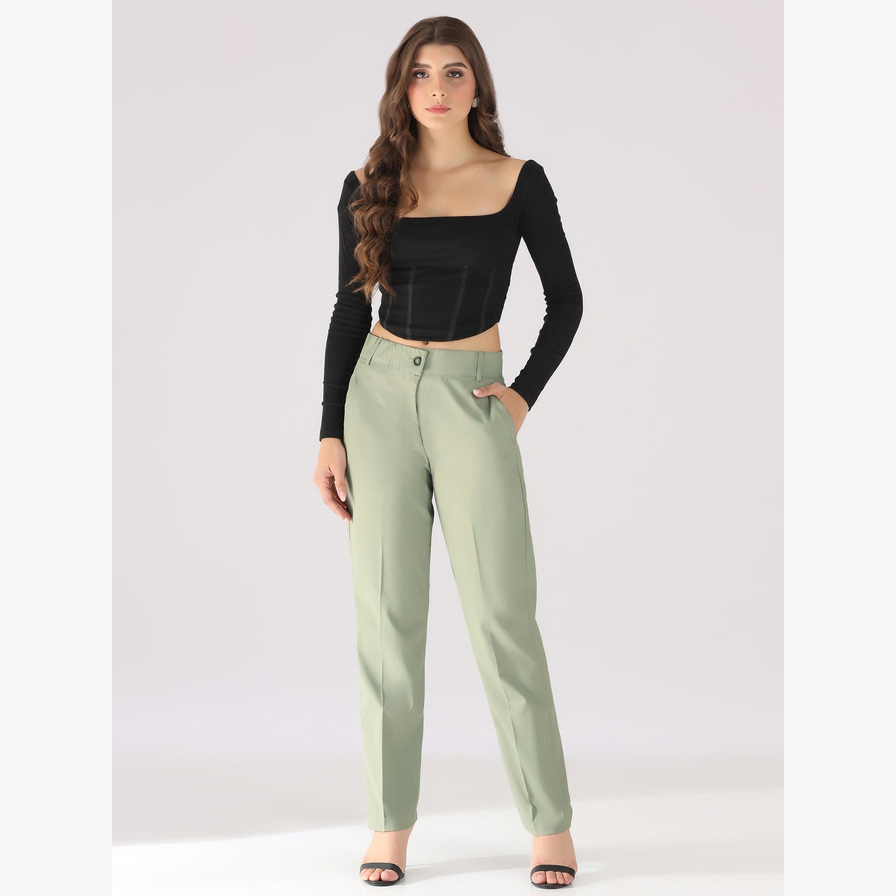 TAHVO X Styli Light Green Straight Fit Trousers-women-clothing-bottoms-trousers-image-2