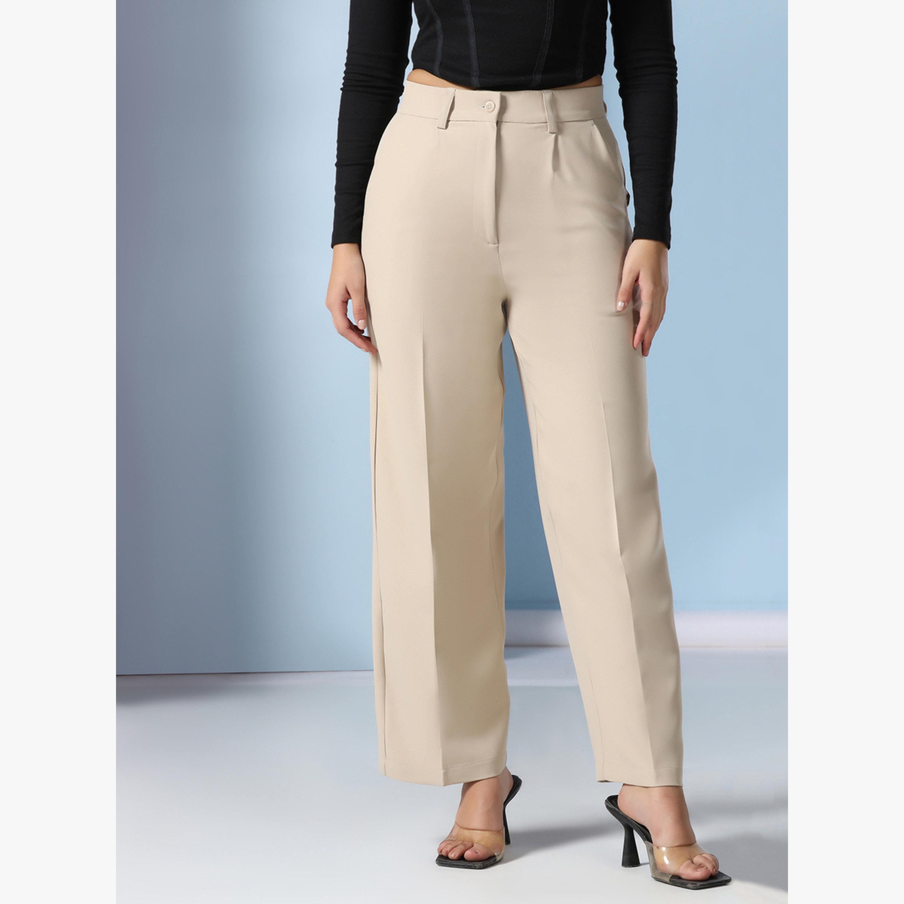 TAHVO X Styli Beige Solid Wide Leg Trousers-women-clothing-bottoms-trousers-image-1