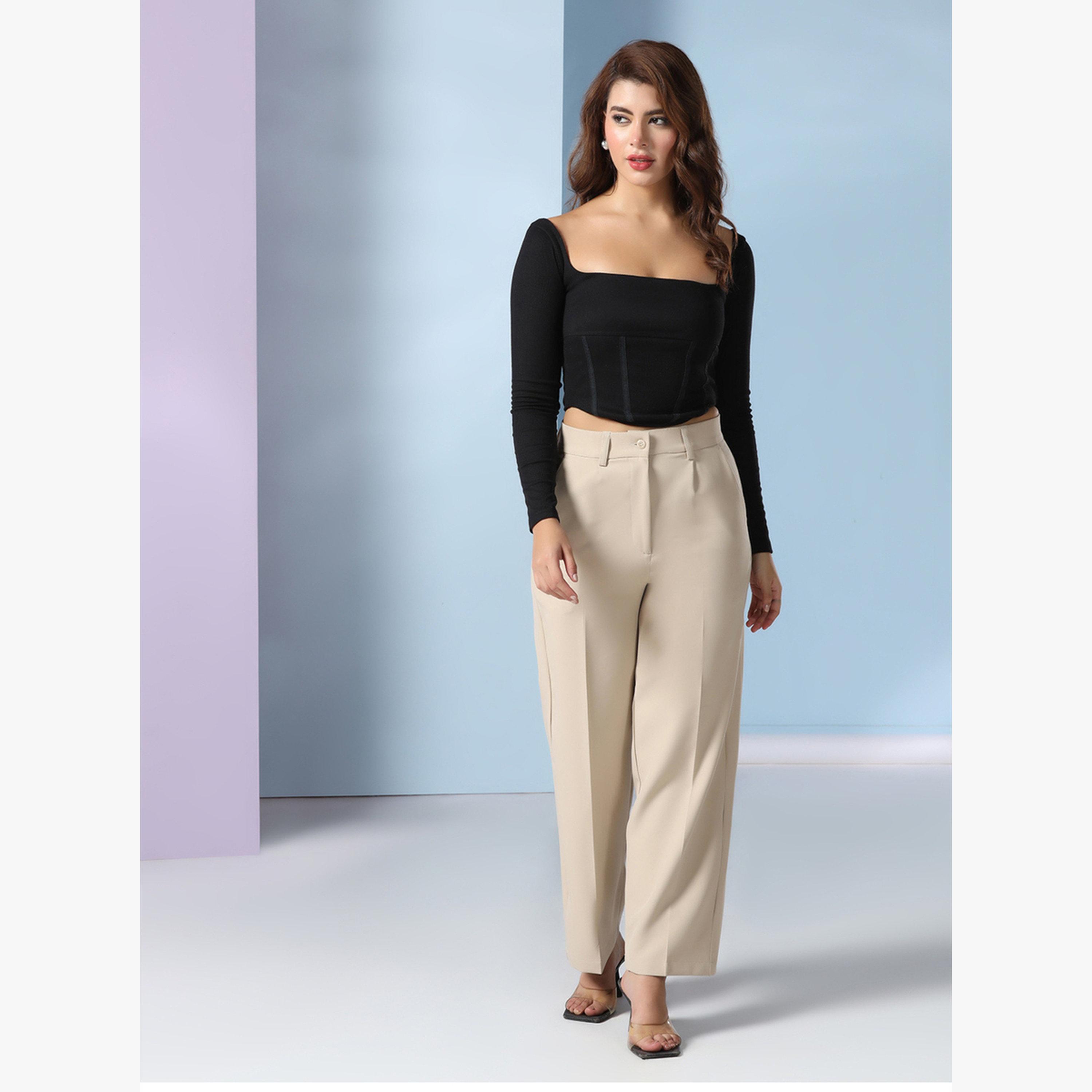 TAHVO X Styli Beige Solid Wide Leg Trousers-women-clothing-bottoms-trousers-image-2