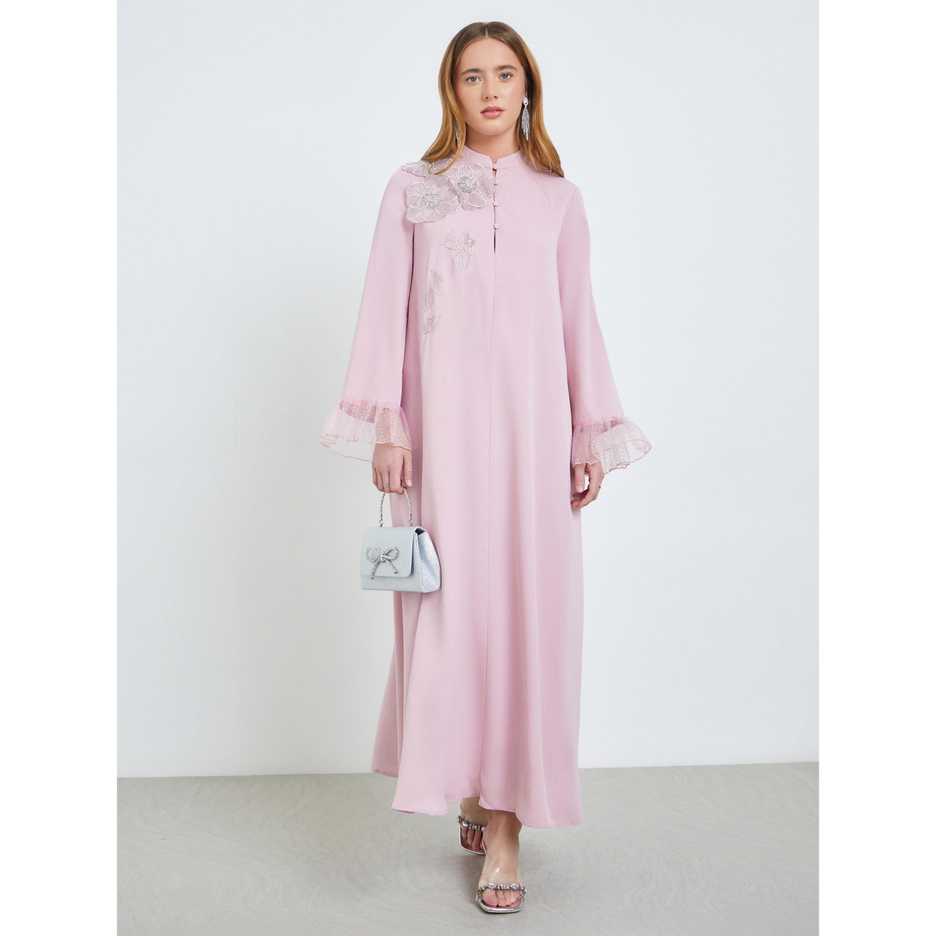 جلابية بأكمام شبكية وتفاصيل أزهار بارزة-women-arabicclothing-jalabiyas-image-1