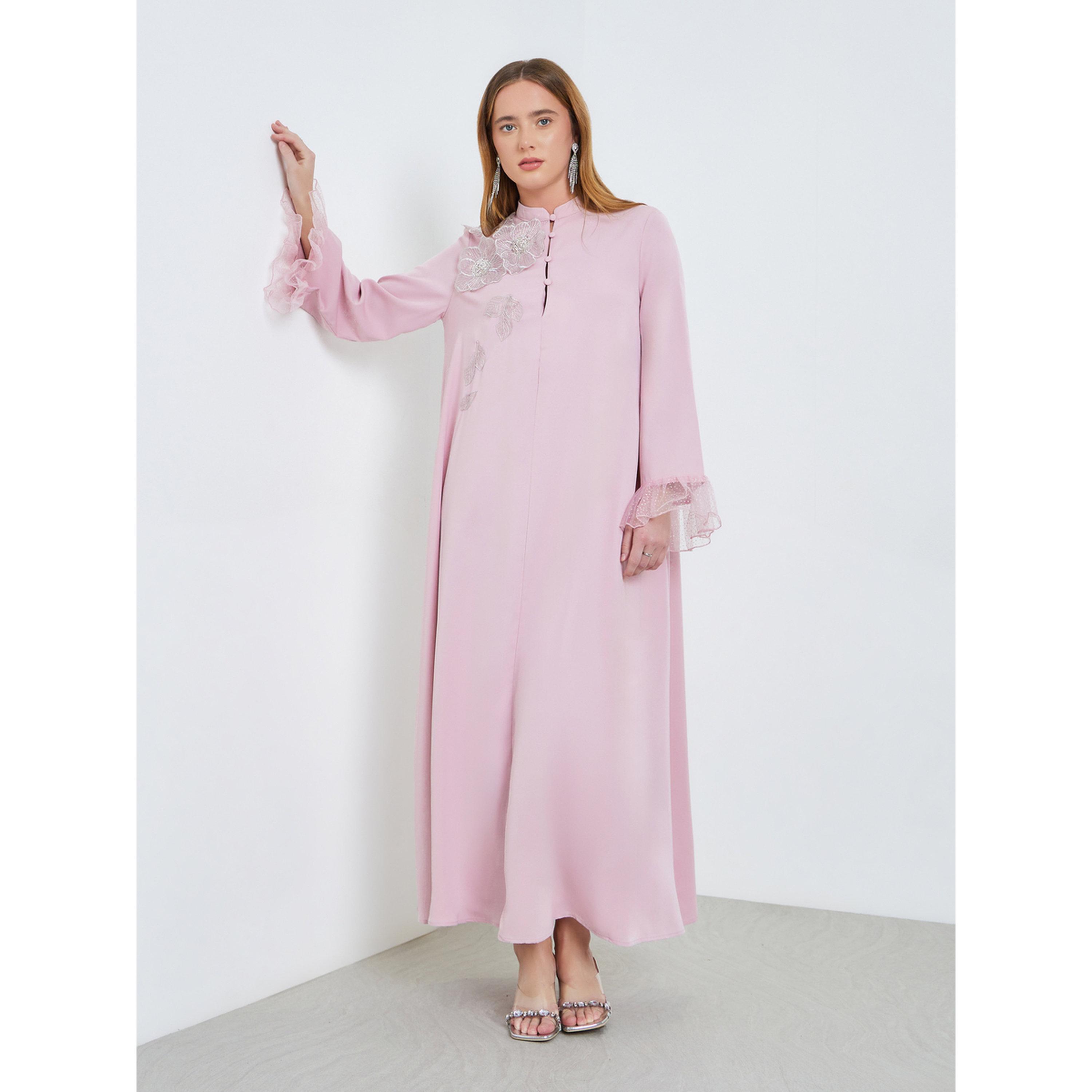 Take Two Pink Floral Applique Mesh Sleeve Jalabiya-women-arabicclothing-jalabiyas-image-3