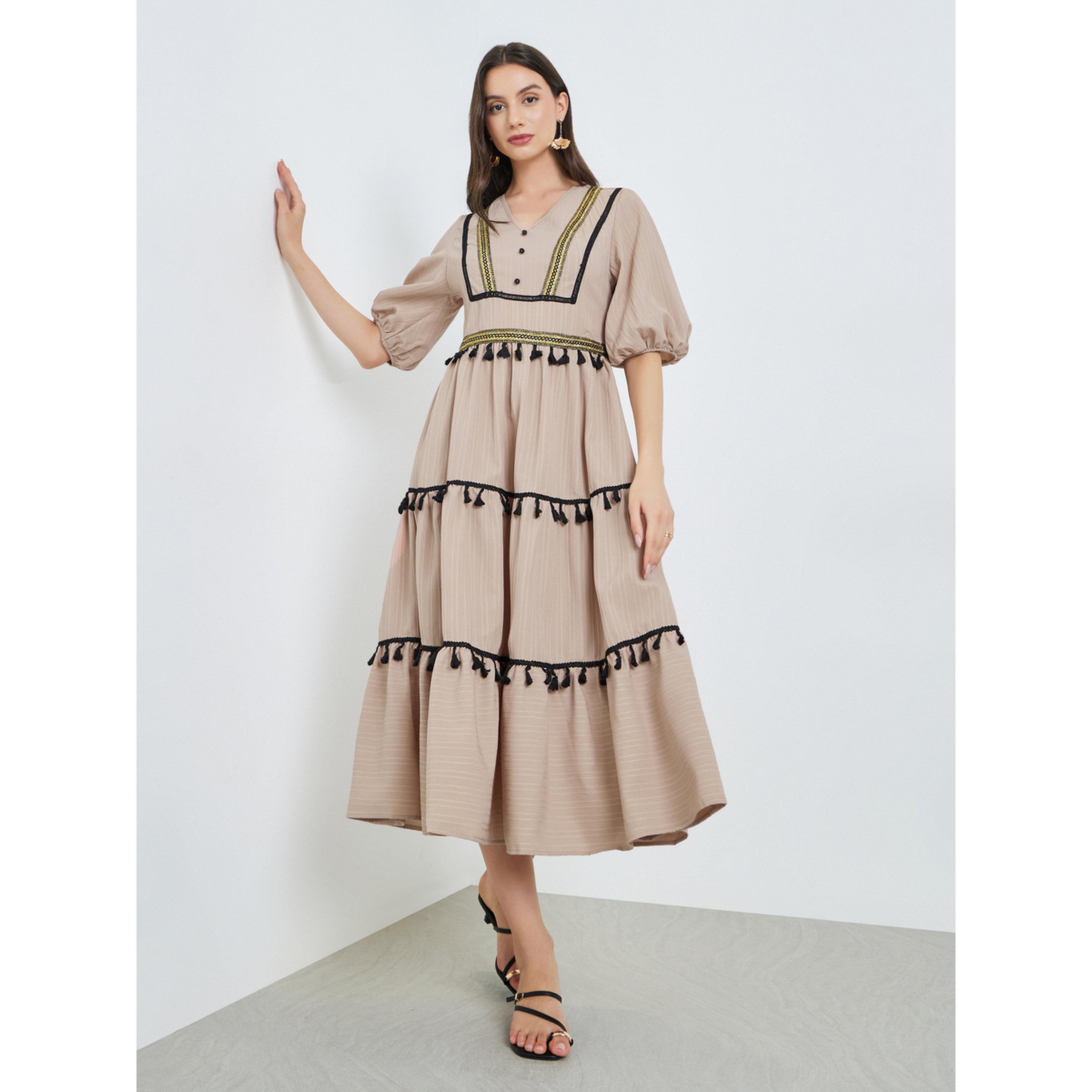 Take Two Beige Tassel Trim V Neck Midi Dress-women-clothing-dresses-image-1
