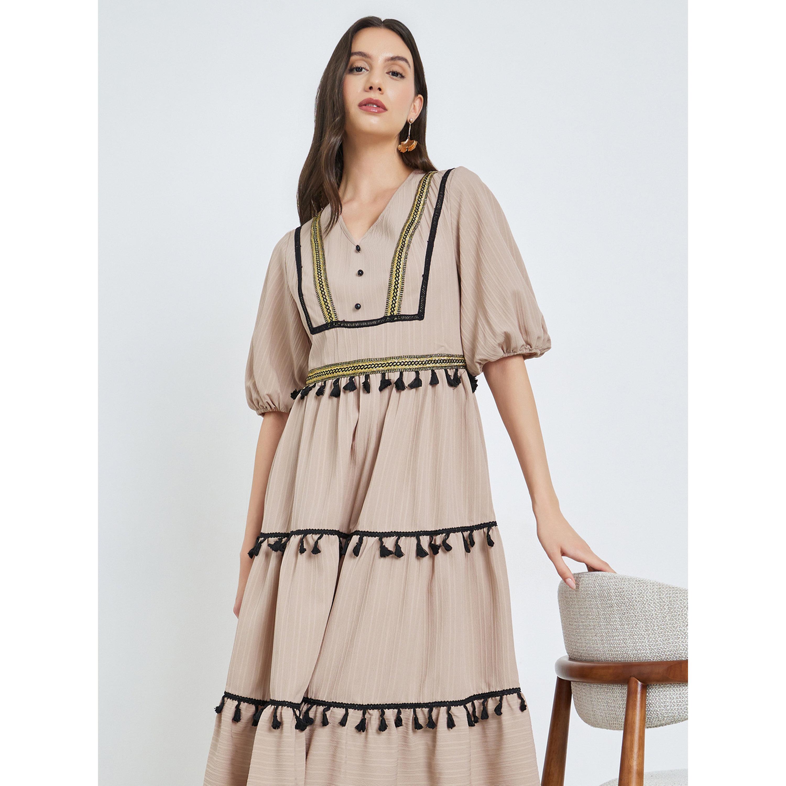 Take Two Beige Tassel Trim V Neck Midi Dress-women-clothing-dresses-image-2