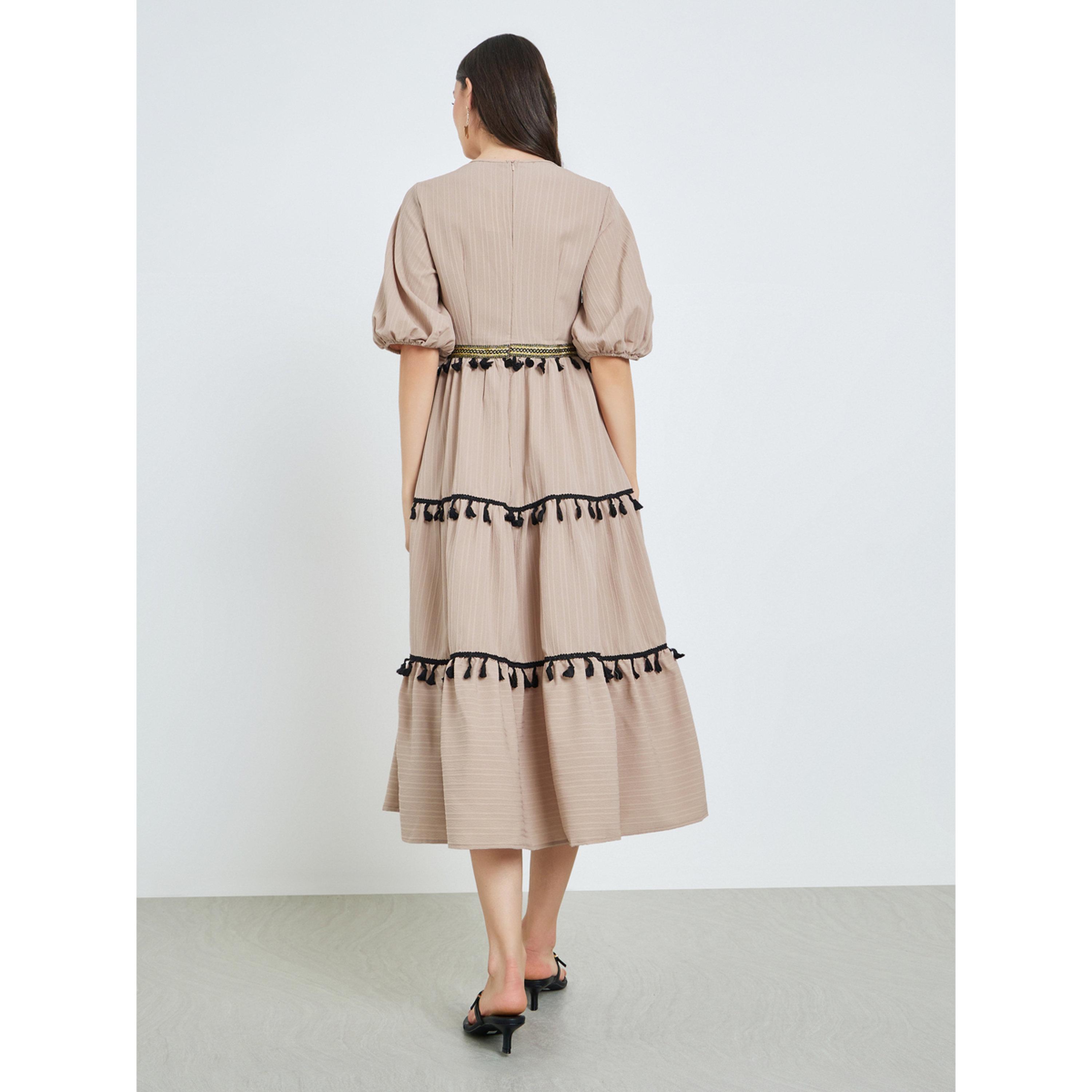 Take Two Beige Tassel Trim V Neck Midi Dress-women-clothing-dresses-image-4