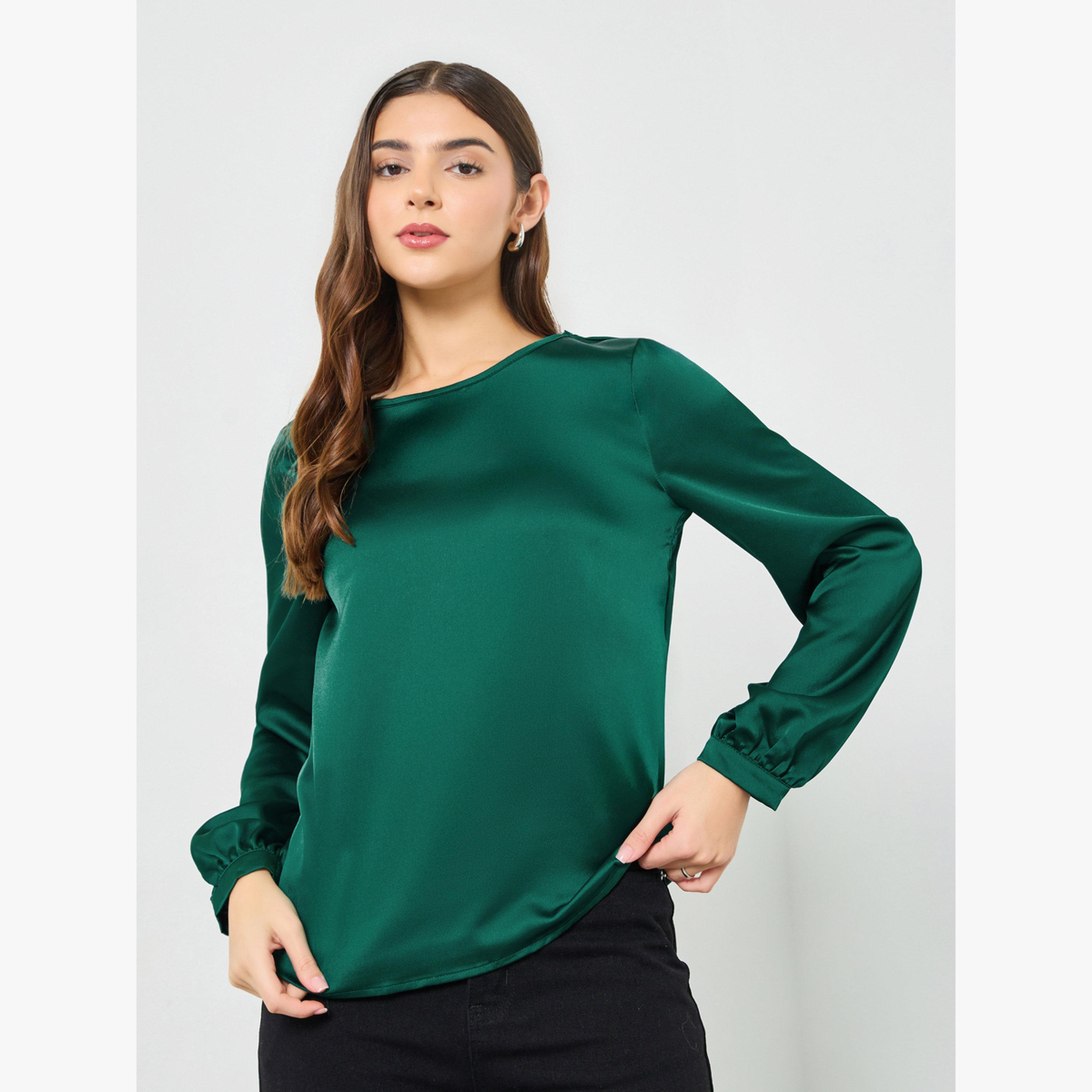 Take Two Dark Green Solid Long Sleeve Top-women-clothing-shirtsandblouses-blouses-image-1