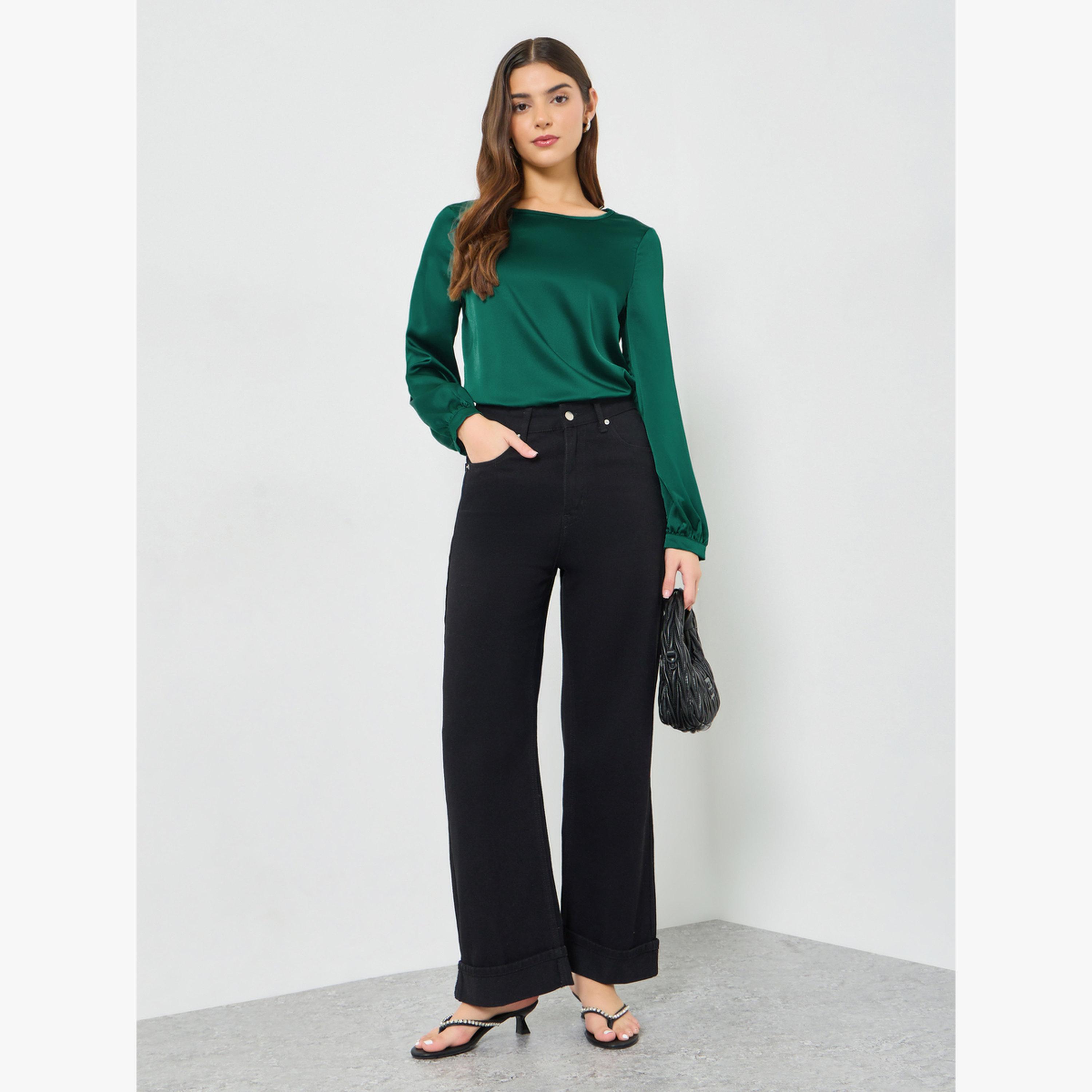 Take Two Dark Green Solid Long Sleeve Top-women-clothing-shirtsandblouses-blouses-image-2