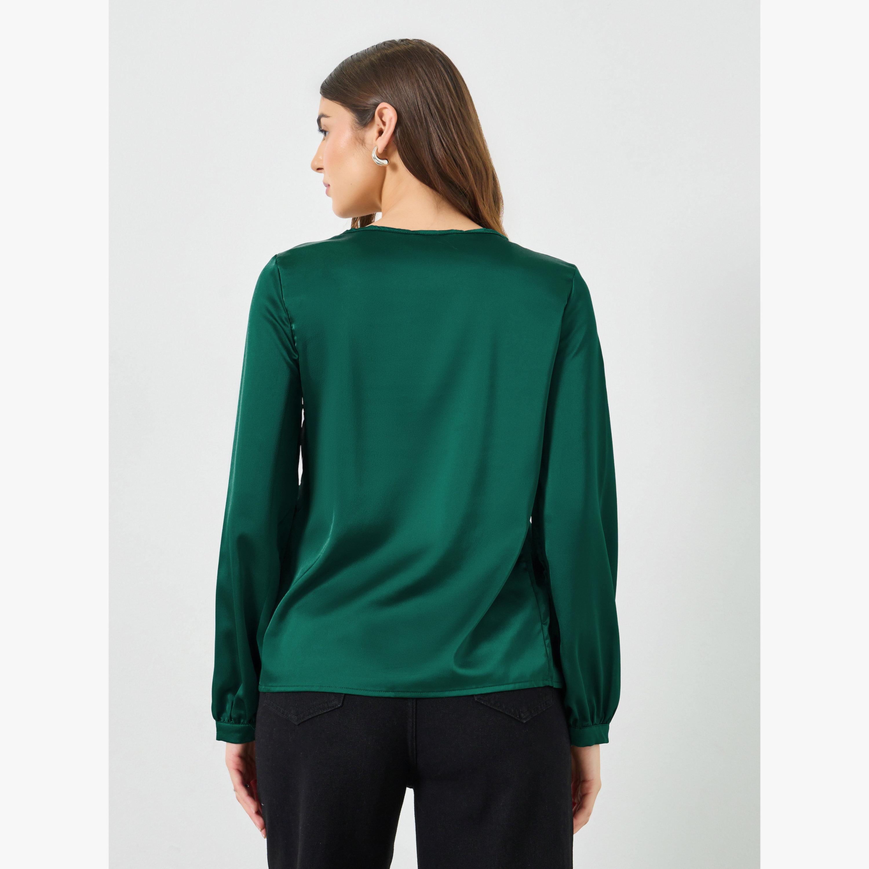 Take Two Dark Green Solid Long Sleeve Top-women-clothing-shirtsandblouses-blouses-image-4
