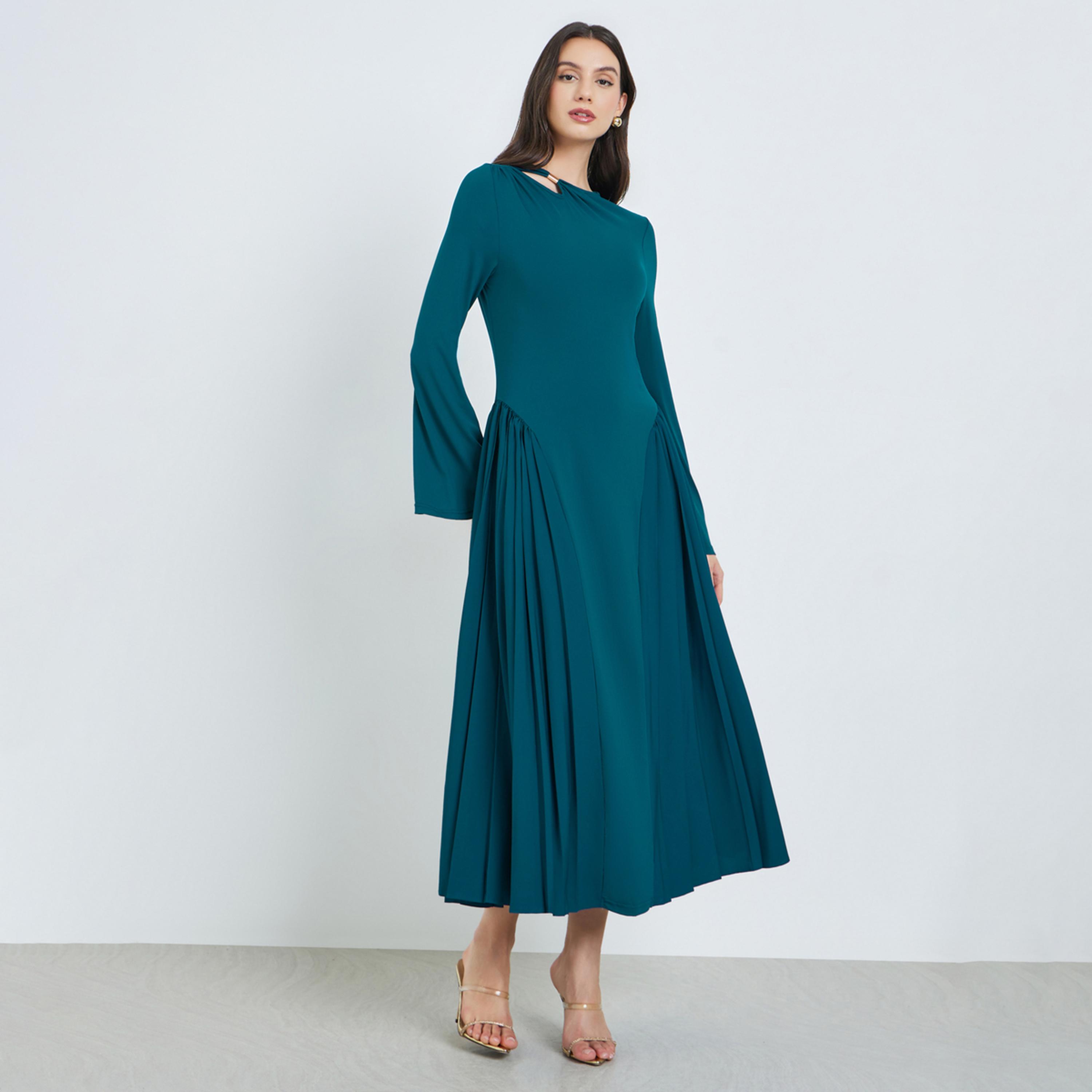 تيك تو × ستايلي - فستان ماكسي مطوي بتفاصيل مقصوصة باللون الأزرق المخضر-women-clothing-dresses-image-1
