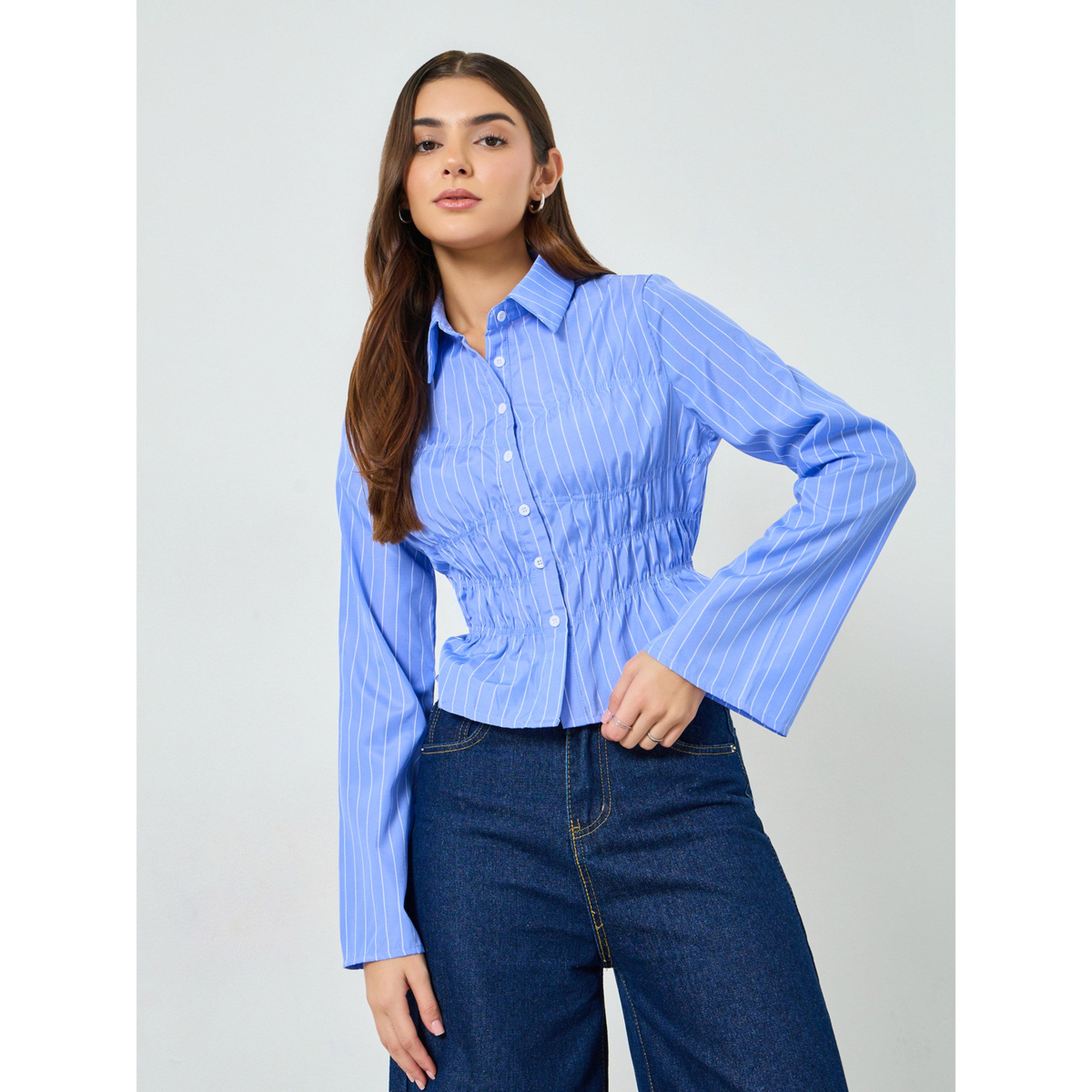Take Two Blue Striped Gathered Shirt-women-clothing-shirtsandblouses-shirts-image-1