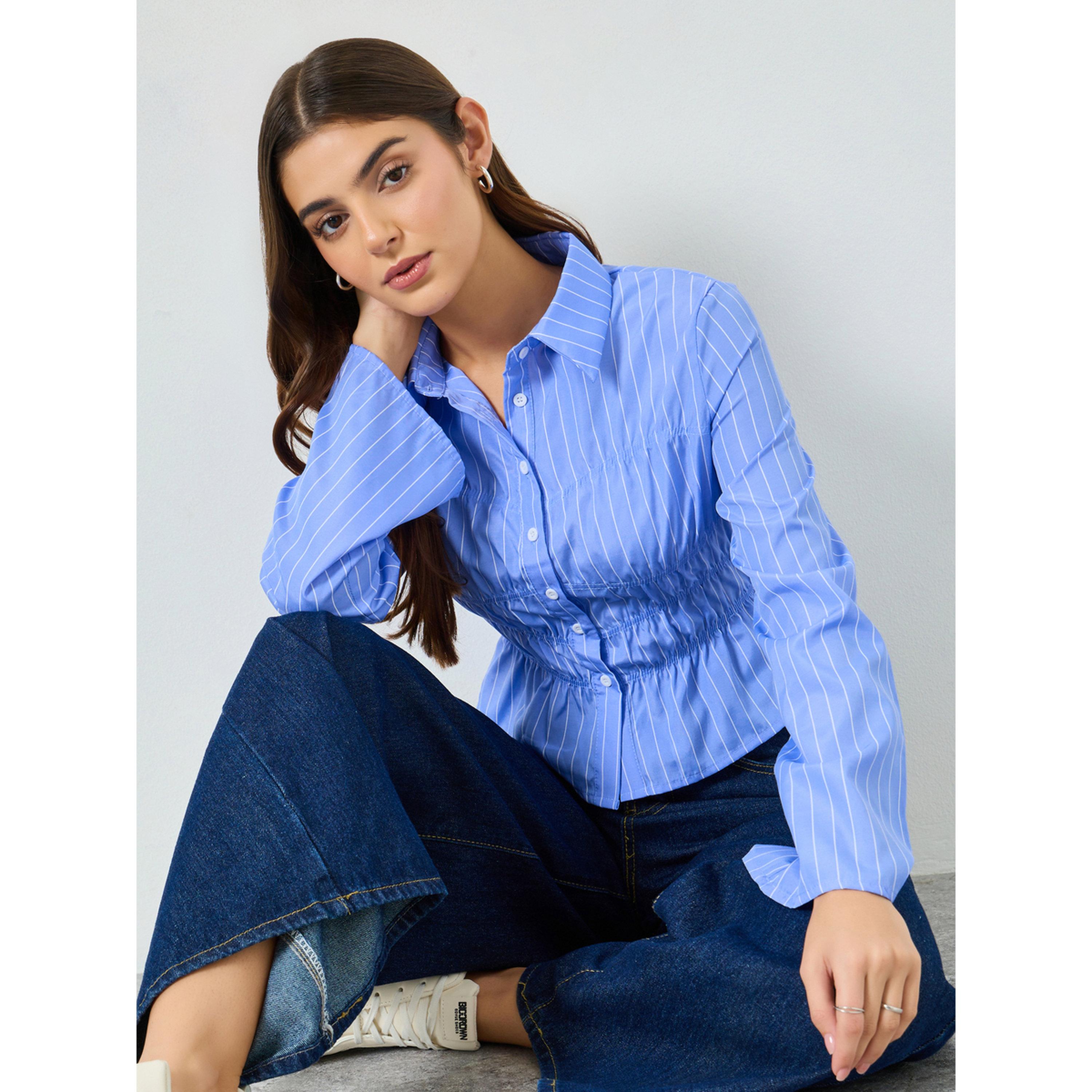 Take Two Blue Striped Gathered Shirt-women-clothing-shirtsandblouses-shirts-image-3