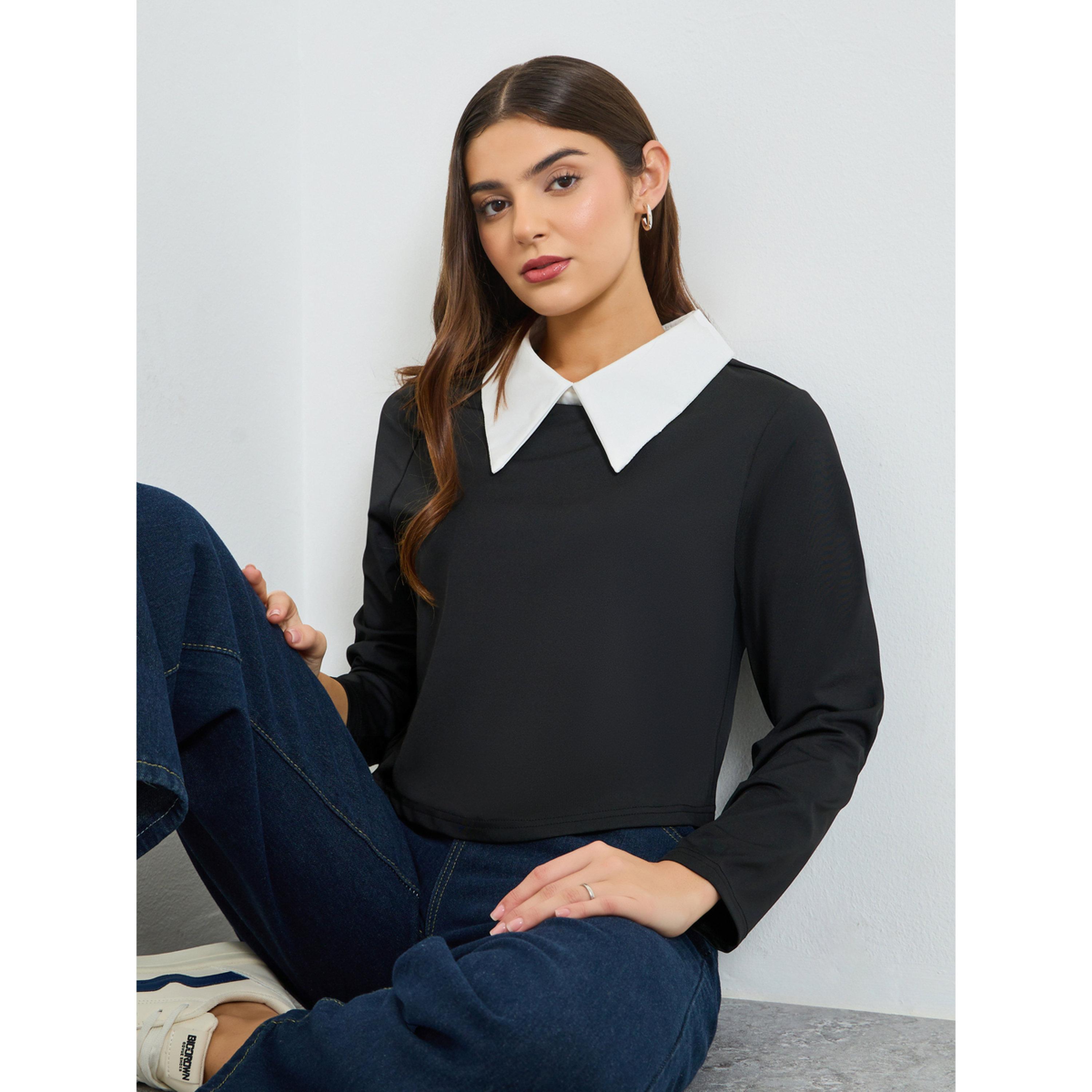 Take Two Black Long Sleeve Top with Contrast Collar-women-clothing-shirtsandblouses-blouses-image-3