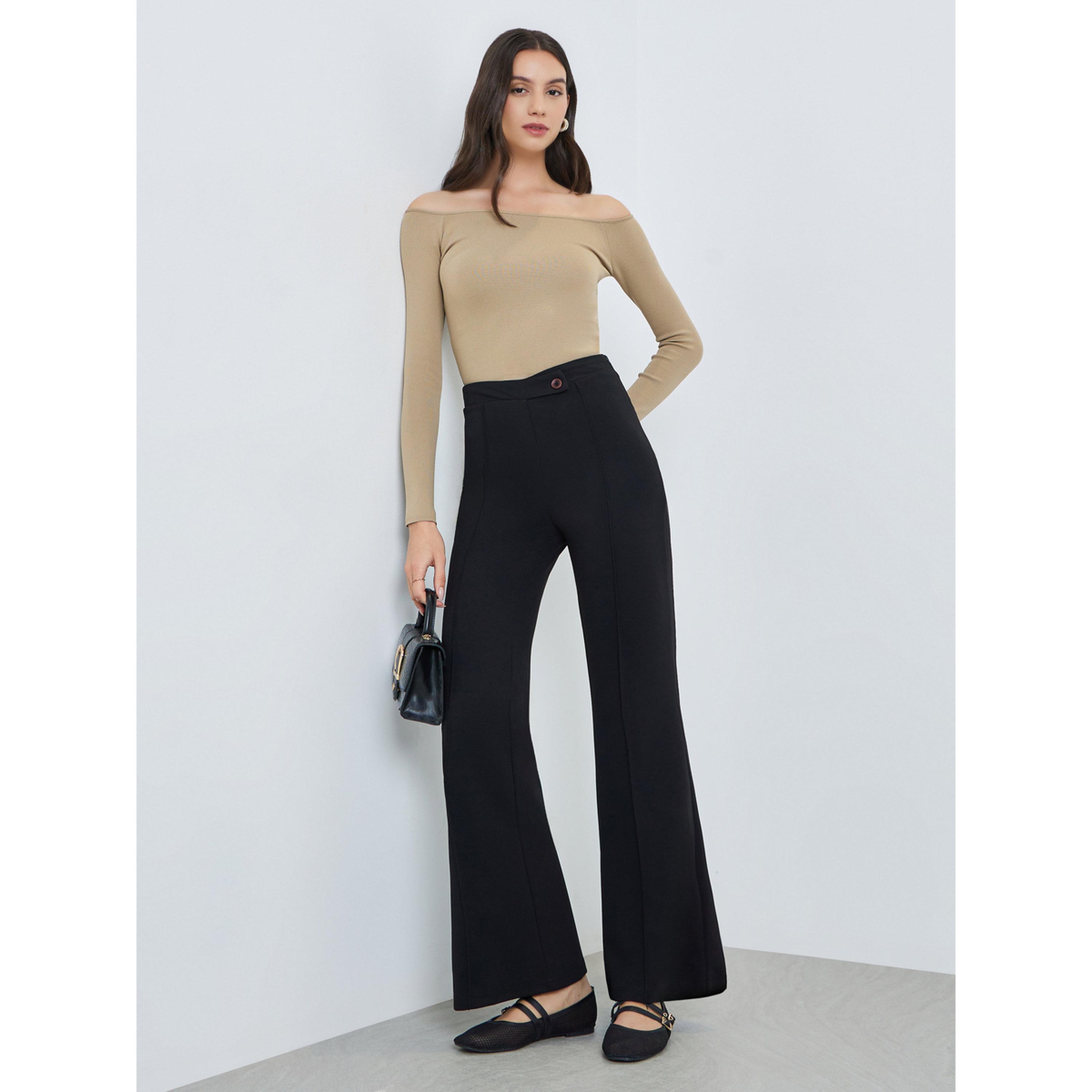 تيك تو × ستايلي - بنطال أسود سادة بقصة واسعة من الأسفل مع ثنيات أمامية-women-clothing-bottoms-joggers-image-3